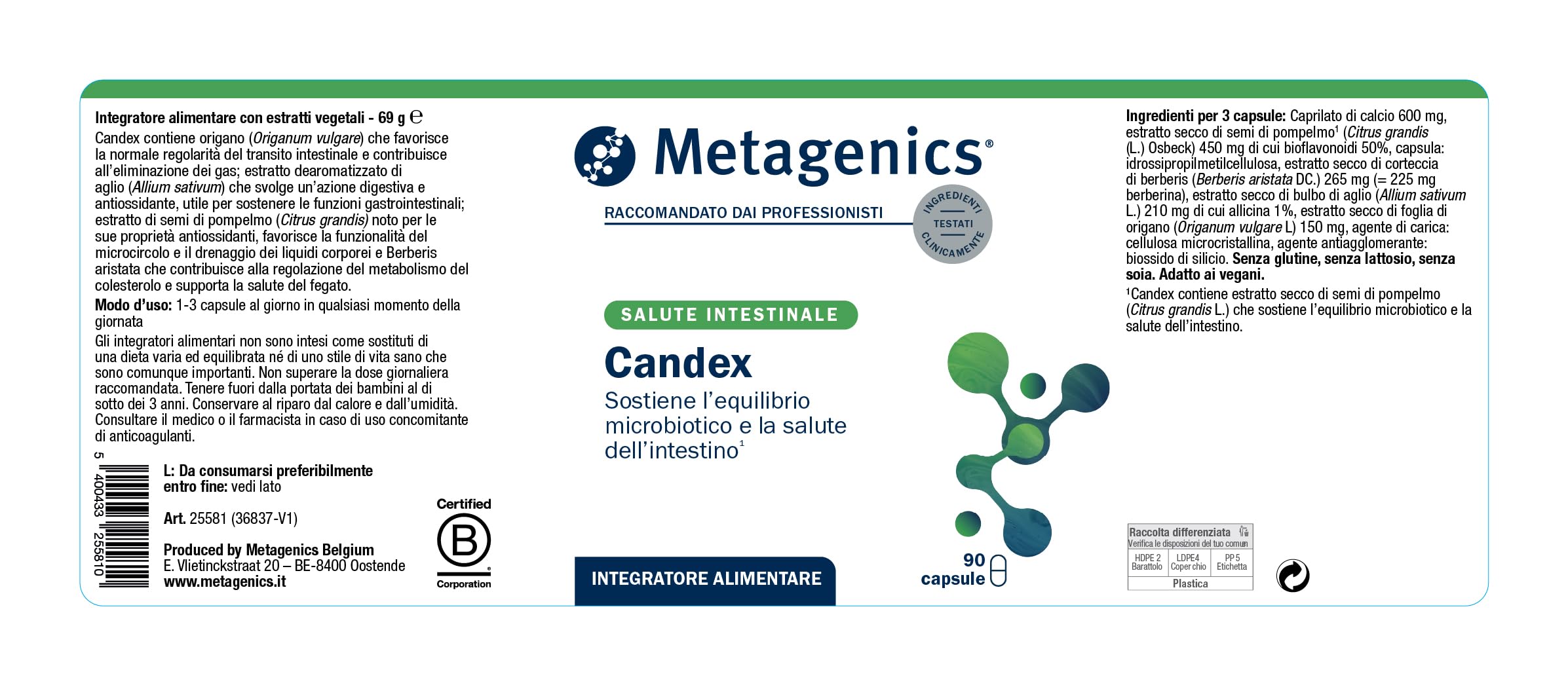 Metagenics Candex NFI - Estratti Vegetali per il Benessere della Flora Intestinale e l’Equilibrio Microbiotico - 90 Capsule
