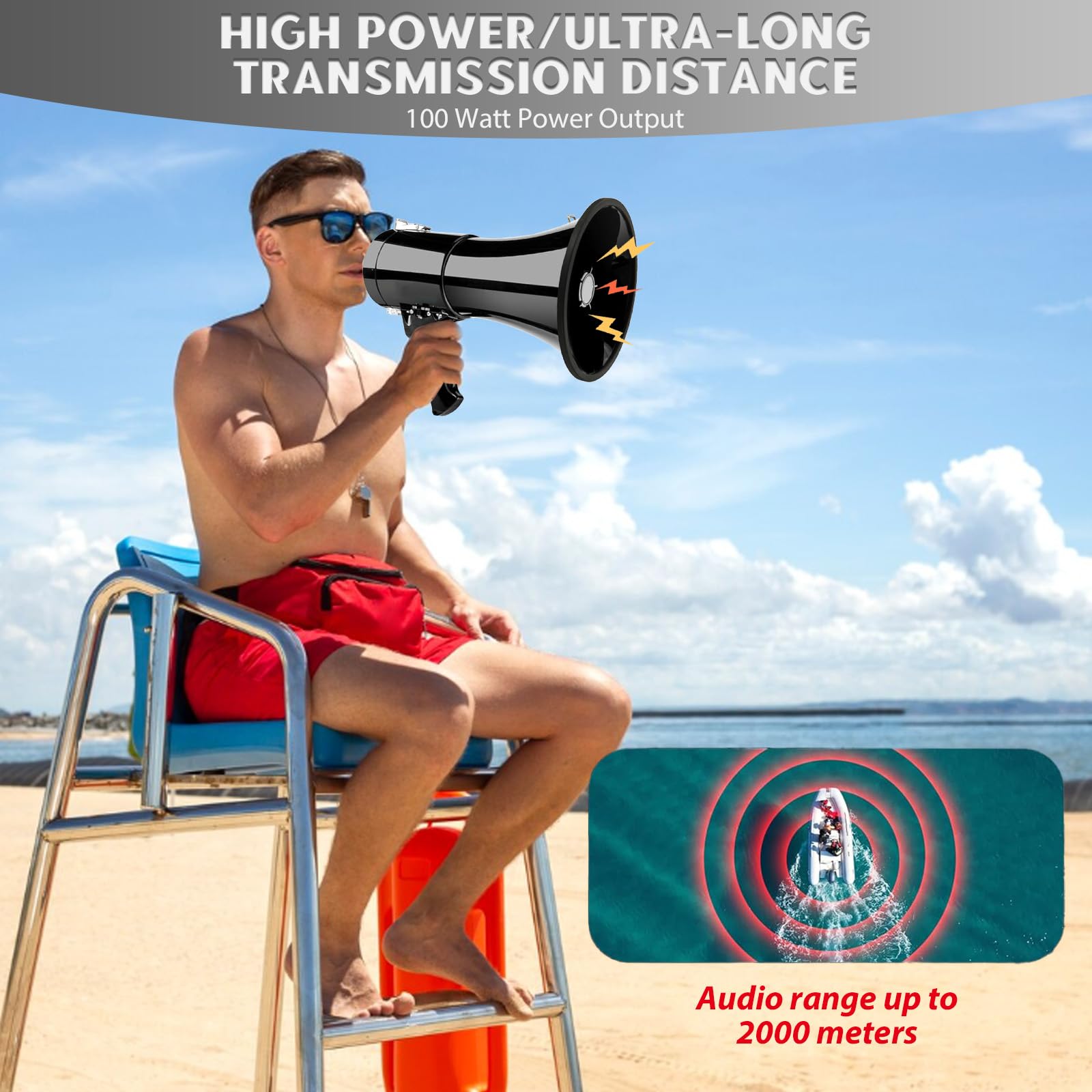 Mégaphone Transportable 100W, Portée Maximale 2000m, Fonctions Enregistrement et Bluetooth, Megaphone Porte Voix avec Bandoulière Réglable