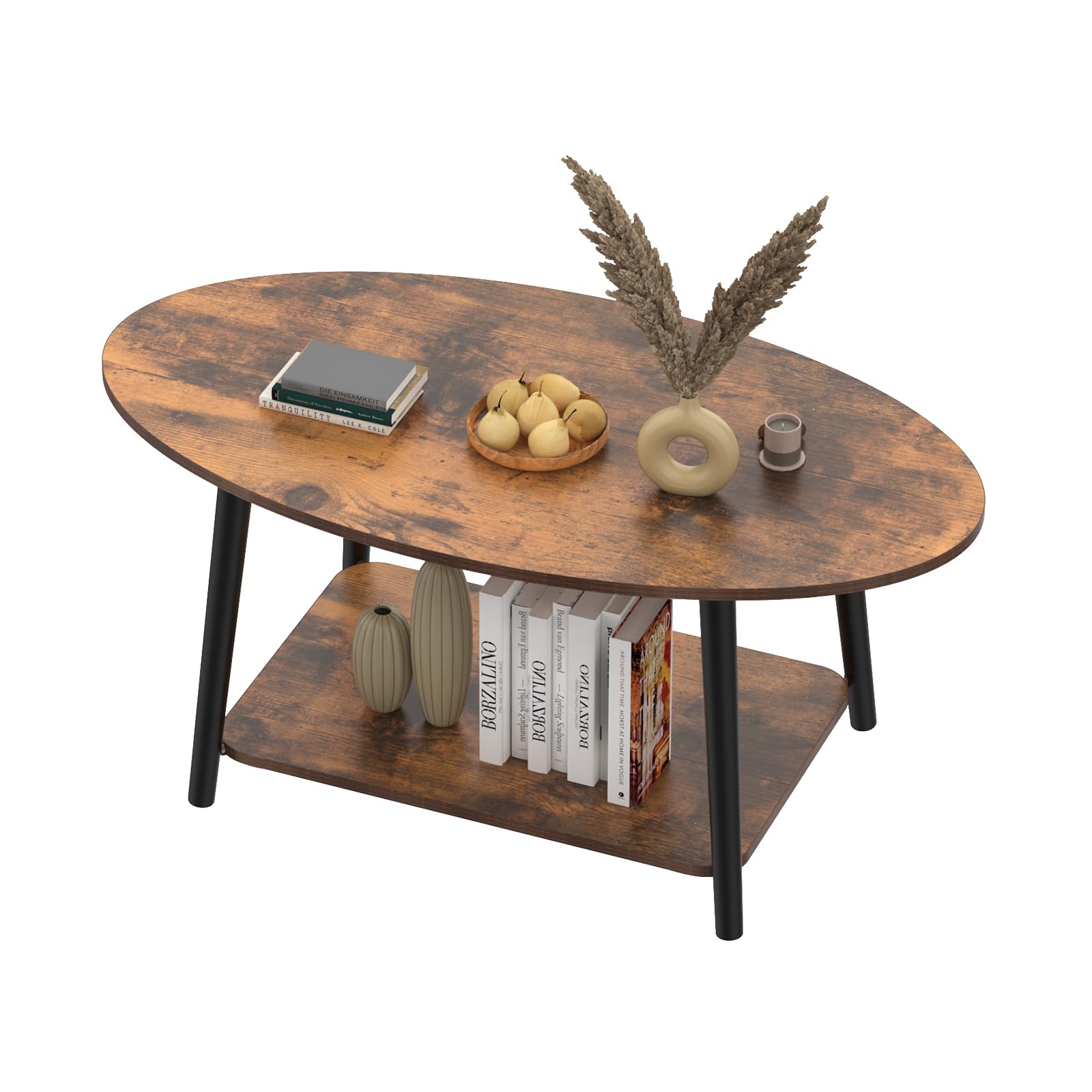 HUOLE Mesa de té de madera, mesa de centro ovalada con estante, muebles de salón, diseño aglomerado, madera de haya, 100 x 53 x 45 cm, madera quemada
