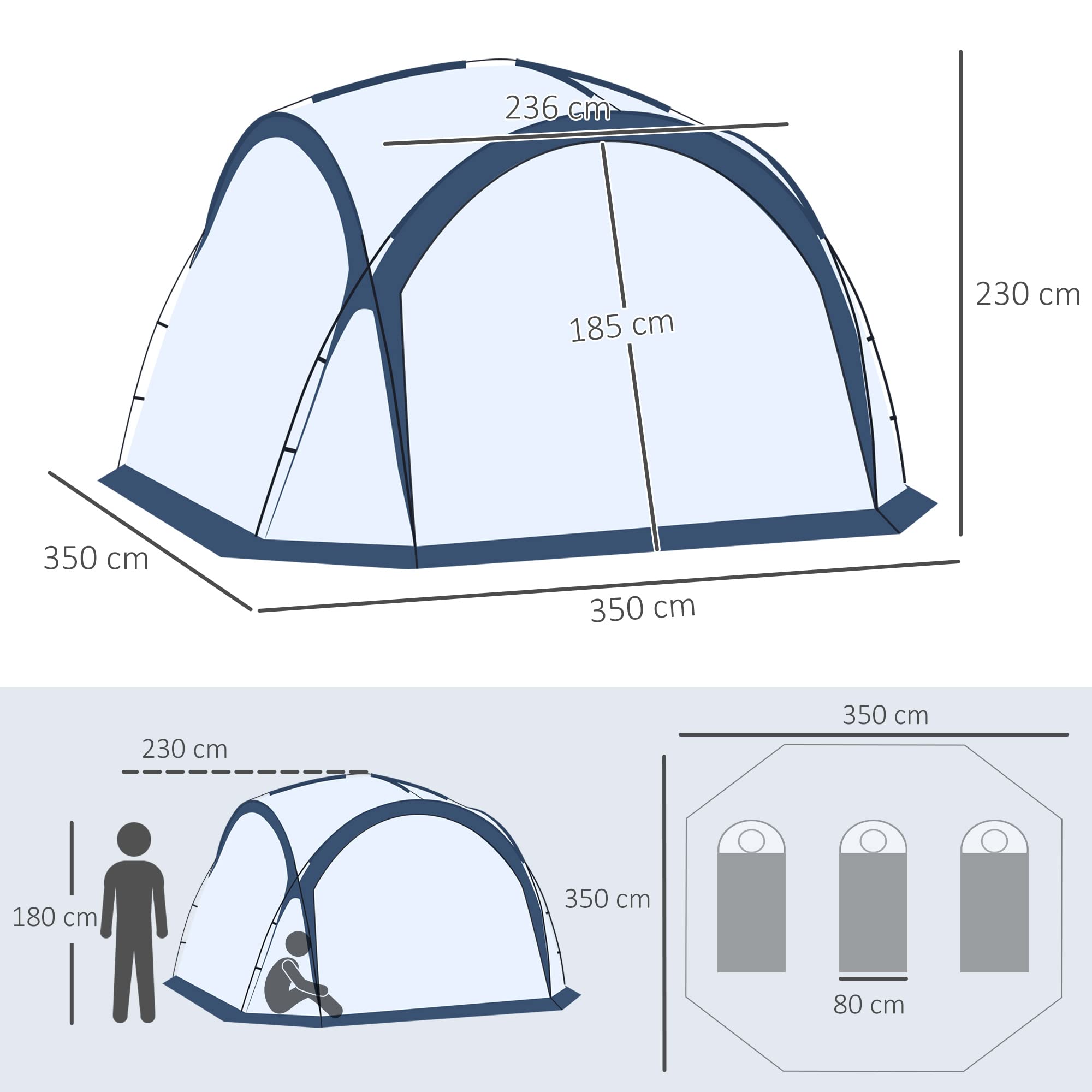 Outsunny Tente de Camping dôme familiale pour 6-8 Personnes avec 4 Portes en Filet zippées, Tissu Oxford Amovible, Crochet pour Lampe, Sac de Transport dim. 350L x 350l x 230H cm - Blanc et Bleu