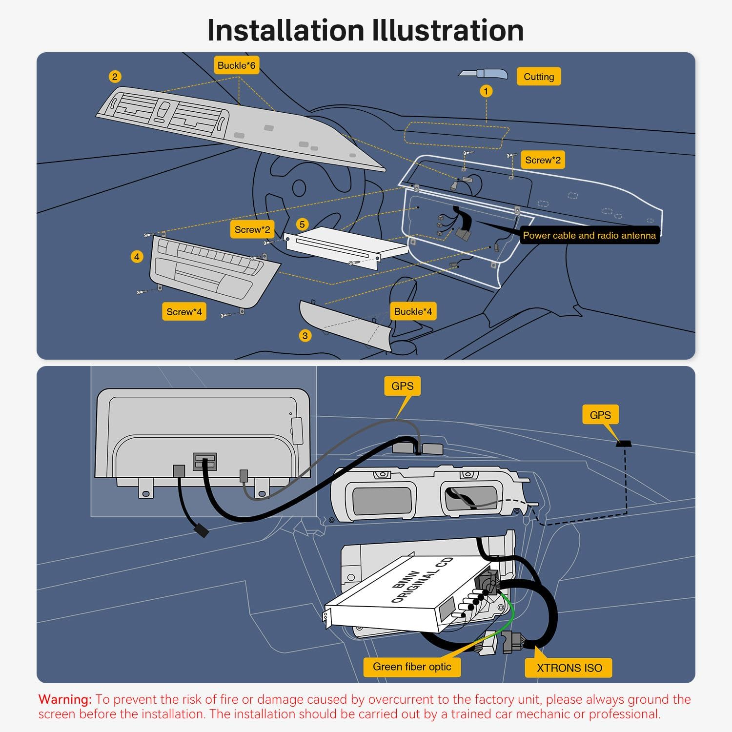 Diagram illustrating the installation process, showing removal of screws and buckles, and connection of power cable and radio antenna.