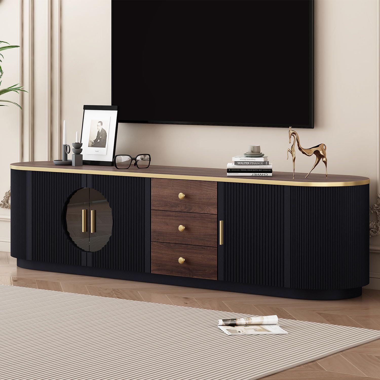 AMZOSS 70.8" Modern TV Stand with Glass Doors & Storage Drawers, Fluted Media Console for TVs Up to 90", Entertainment Center with Shelves & Cable
