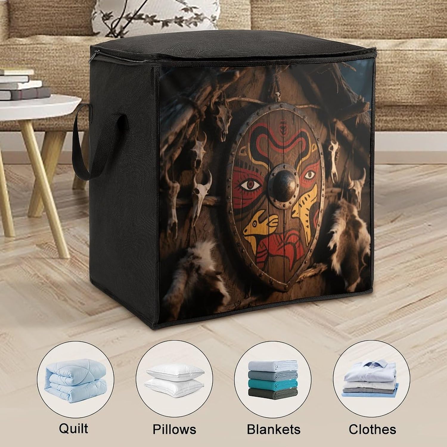 Tribal Pattern Storage Bag with Zippers And Handle Extra Large Bedding Comforter Storage Bag Foldable Blanket Storage Bags Fabric Moving Bags for Closet Organizer (70L)