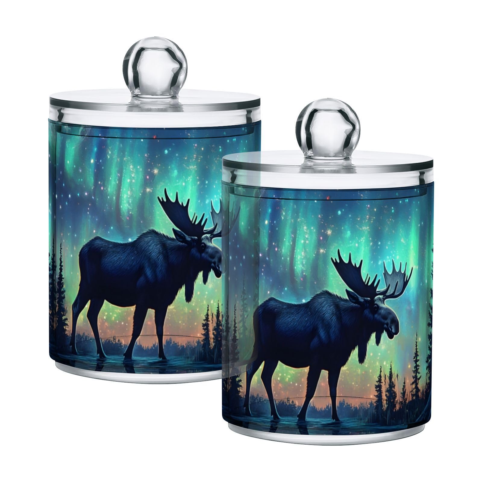 YMGQYJ 2 Pack Aurora Night Moose Qtip Cotton Ball Holder Dispenser with Lid, Plastic Jars Bathroom Canisters Storage Organizer