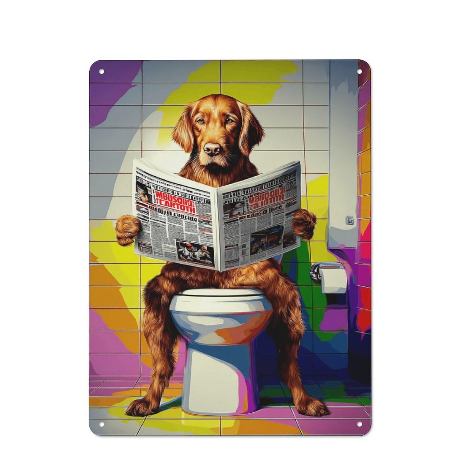 Junmoney Dog Reading Newspaper On Toilet-34 Metal Plaque 40X30cm With For Hallway Wall, Retro Decor, For Themed Interiors In Hallways And Entrance Areas