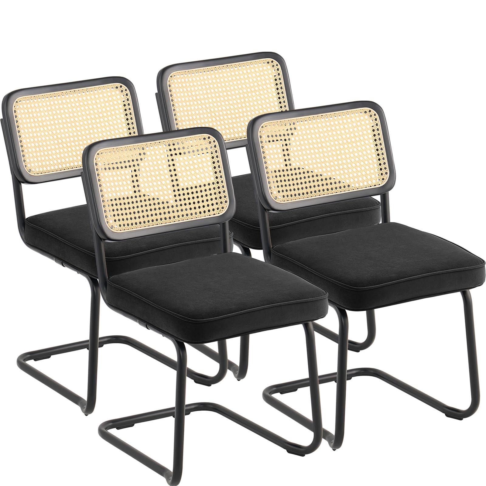 VEVOR Rattan Dining Chairs Set of 4, Mid Century Modern Dining Chair, Upholstered Velvet Accent Chair with Rattan Back, Retro Dining Room Kitchen