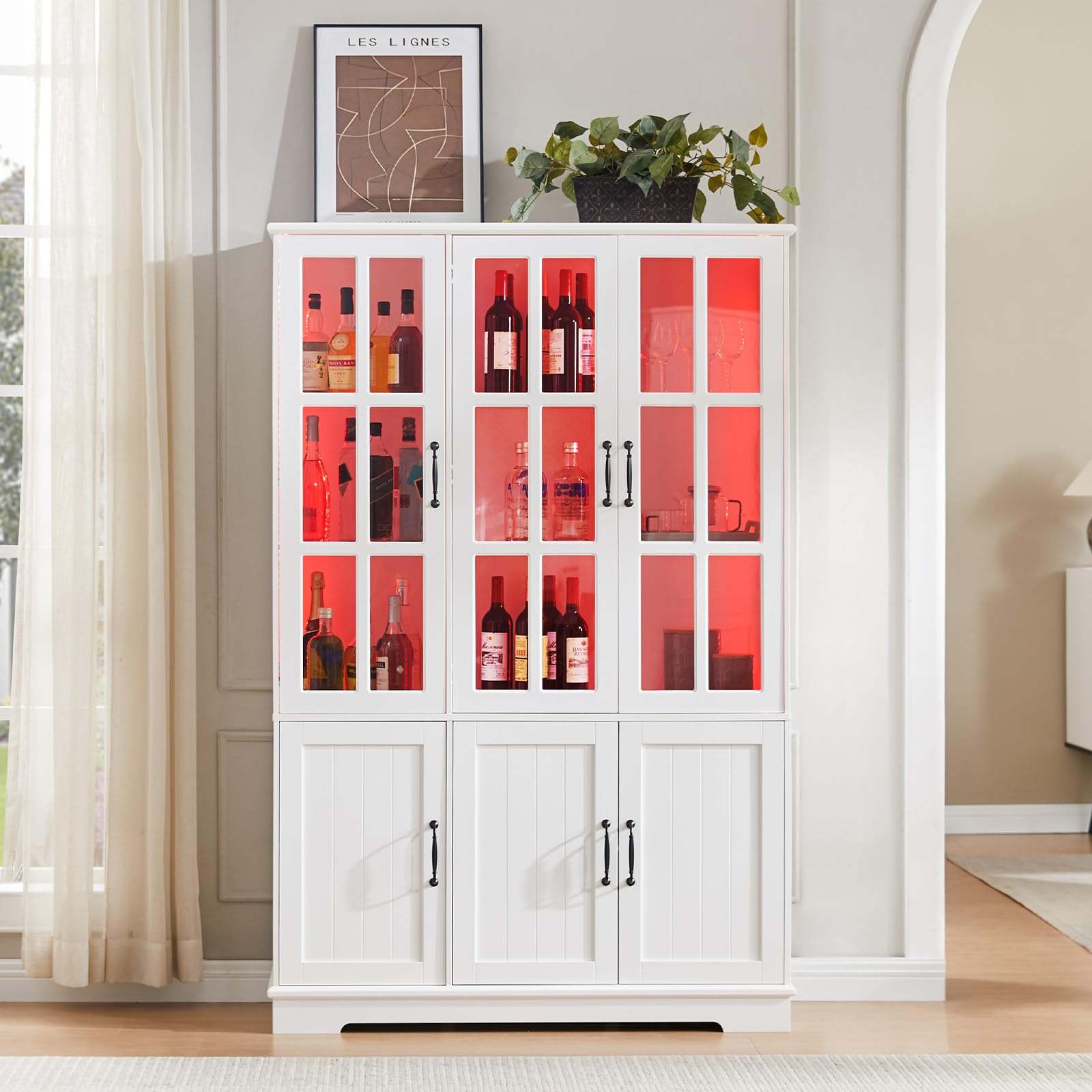 LUXOAK Vitrinenschrank mit LED Beleuchtung & Retro-Griffen, Hochschrank weiß 180 cm hoch, 6 Türen mit Acrylfenstern & 8 Einlegeböden, moderner Schrank für Wohnzimmer & Küche