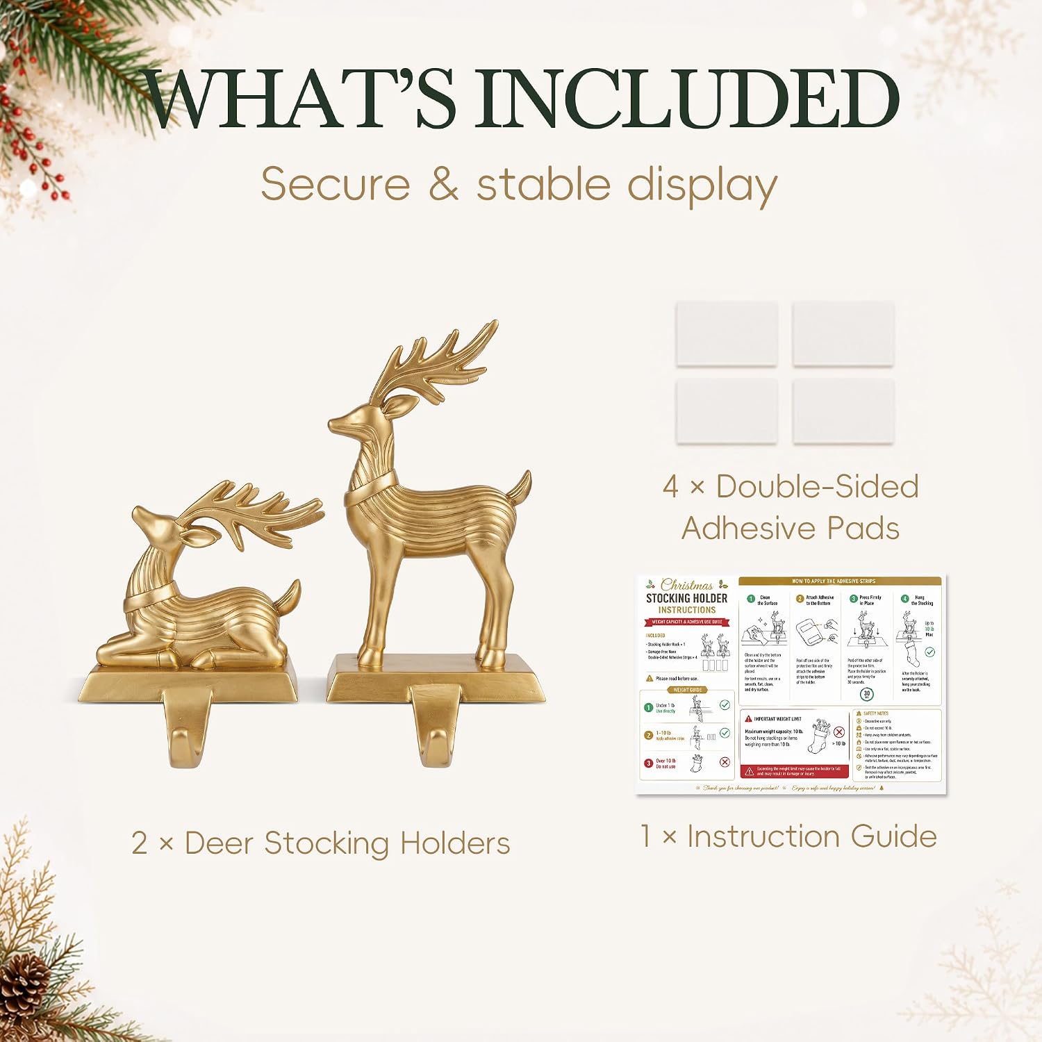 TwoDays Reindeer Stocking Holders for Mantel, Gold Resin, 2-Pack