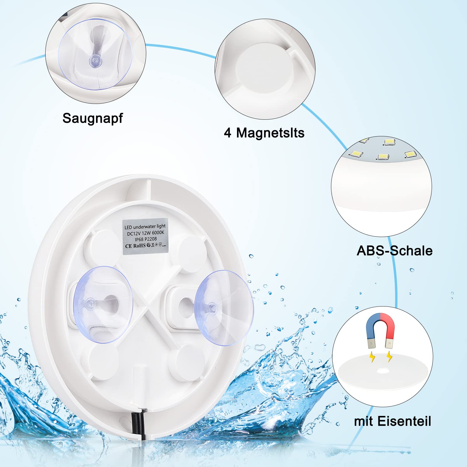 COOLWEST LED Poolbeleuchtung für Aufstellpool, 10W Weißes Poolscheinwerfer LED Magnet mit Fernbedienung und Saugnapf, IP68 Wasserdicht Unterwasser LED 6000K für Stahlwandpool, 12V DC, Timer, 7M Kabel