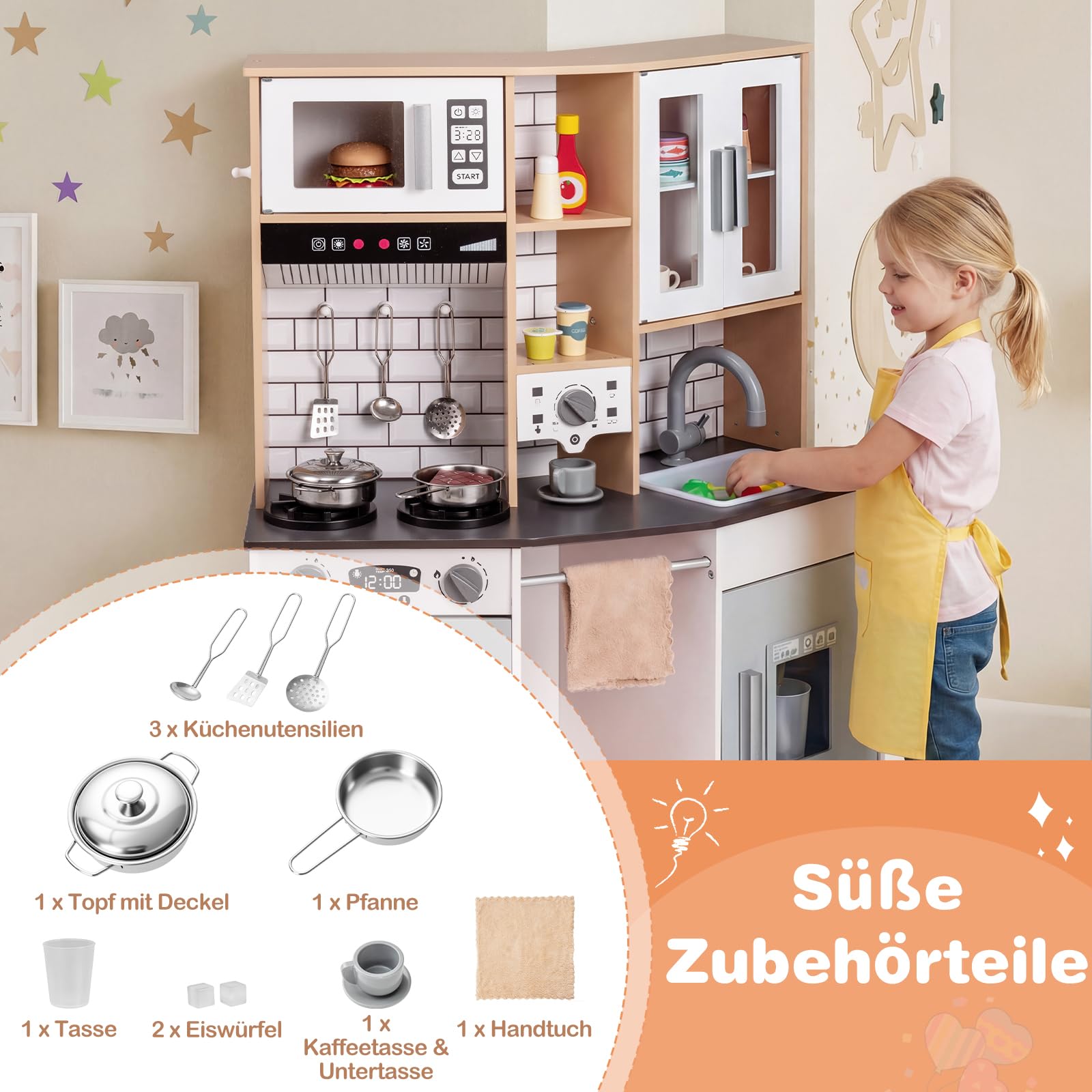 COSTWAY Kinderküche mit 10 TLG. Zubehör, Holz Spielküche mit Licht und Sound, Holzküche inkl. Herd, Spüle, Eismaschine, Kaffeemaschine, Mikrowelle & Ofen, Spielzeugküche für Kinder ab 3 Jahren (Grau)