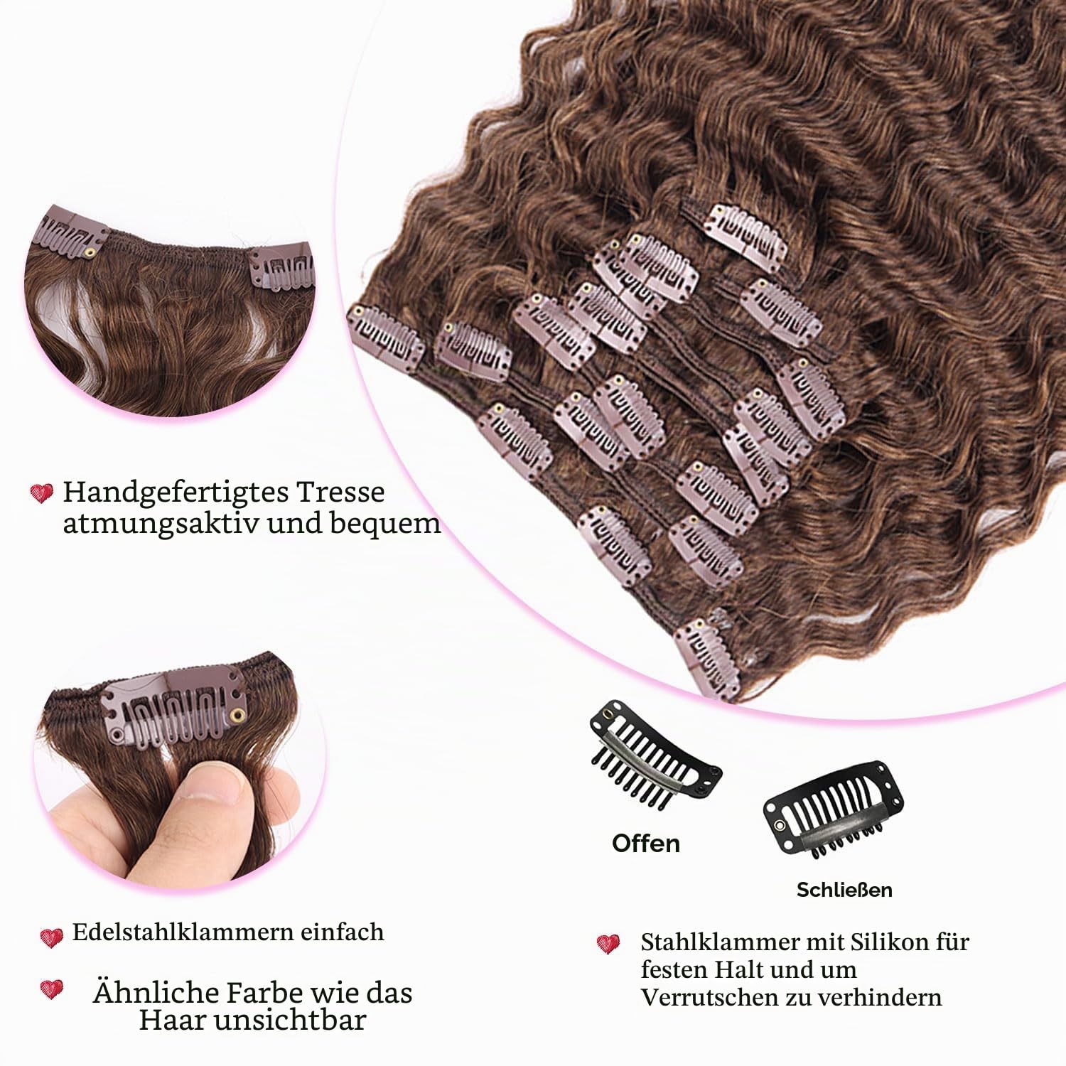 Deep Curly Clip in Extensions Echthaar 50cm 8PCS 120g Dunkel Braun Haarteile Echthaar Extensions Clip in Haarverlängerung für Frauen