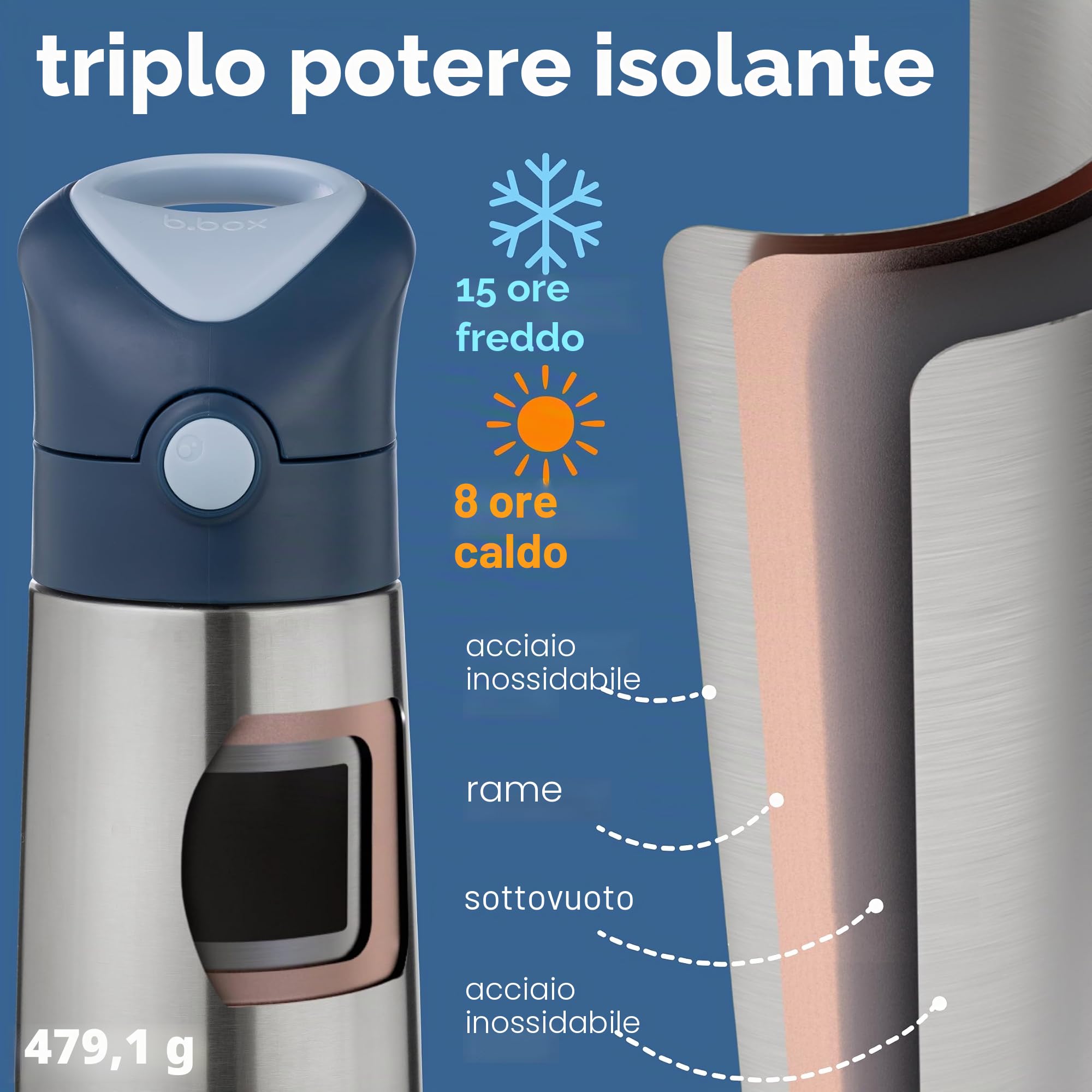 b.box Borraccia Termica | Borraccia Bambini in Acciaio Inossidabile a Doppia Parete | Mantiene le Bevande Fredde Fino a 15 Ore, Calde fino a 8 Ore | 500 ml