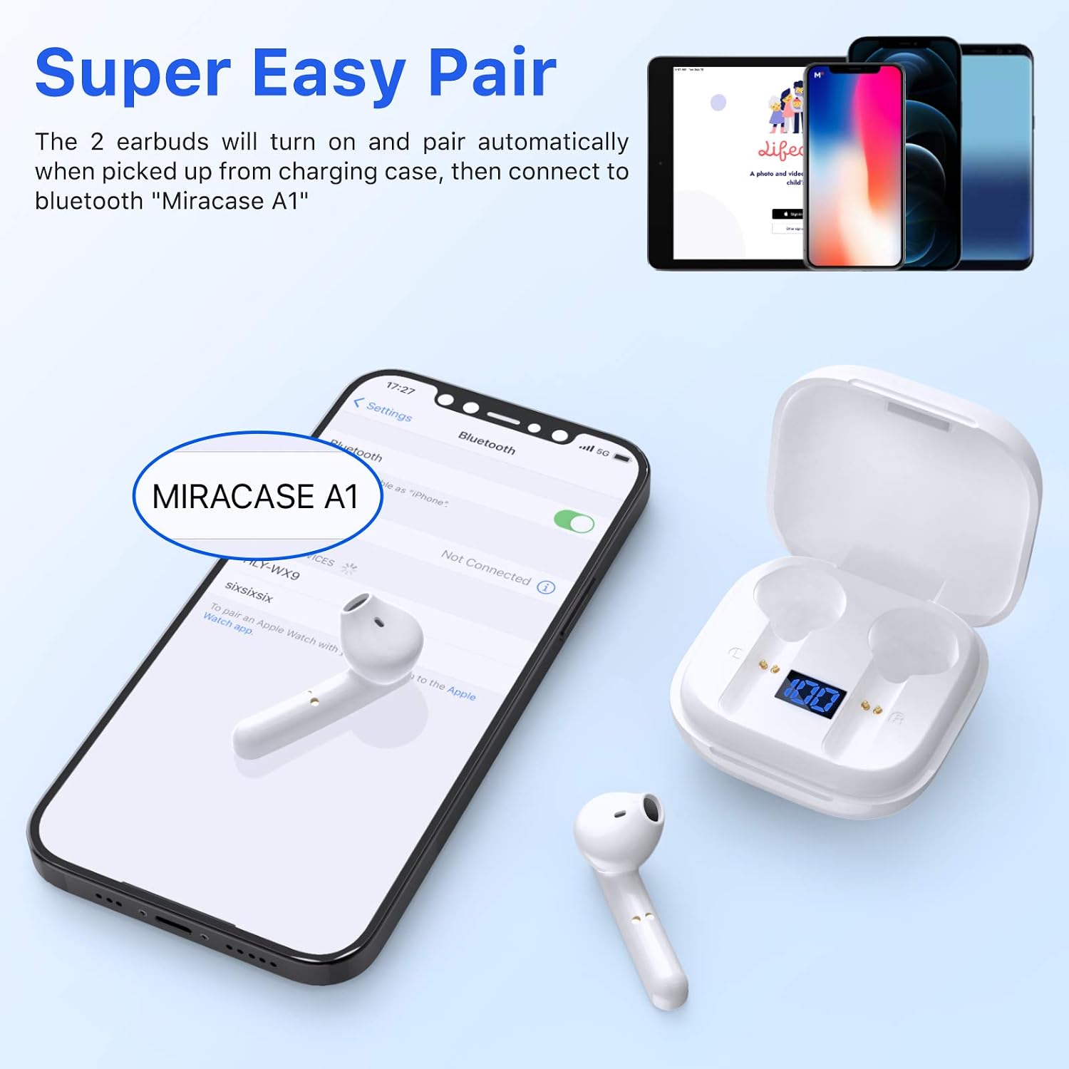 Miracase Wireless Earbuds Bluetooth 5.0 Headphones with USB-C Charging Case LED Display Touch Control Earphones Waterproof TWS Stereo Headset in Ear Built-in Mic for iPhone and Android