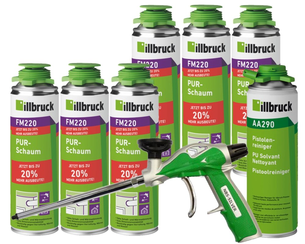 illbruck FM220 - Juego profesional de 6 botes de espuma de poliuretano de 500 ml + limpiador illbruck AA290 + pistola de espuma illbruck AA270 Pro+
