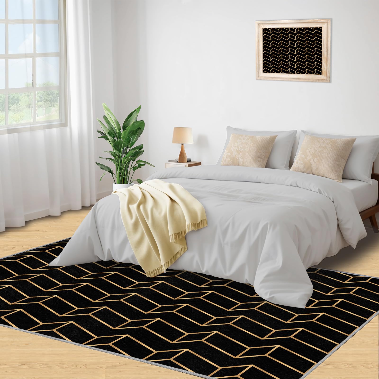 Tapis géométrique 3D, tapis géométrique carré noir et doré, tapis de chambre à coucher doux et pliable pour salon, balcon, terrasse, 150 x 200 cm