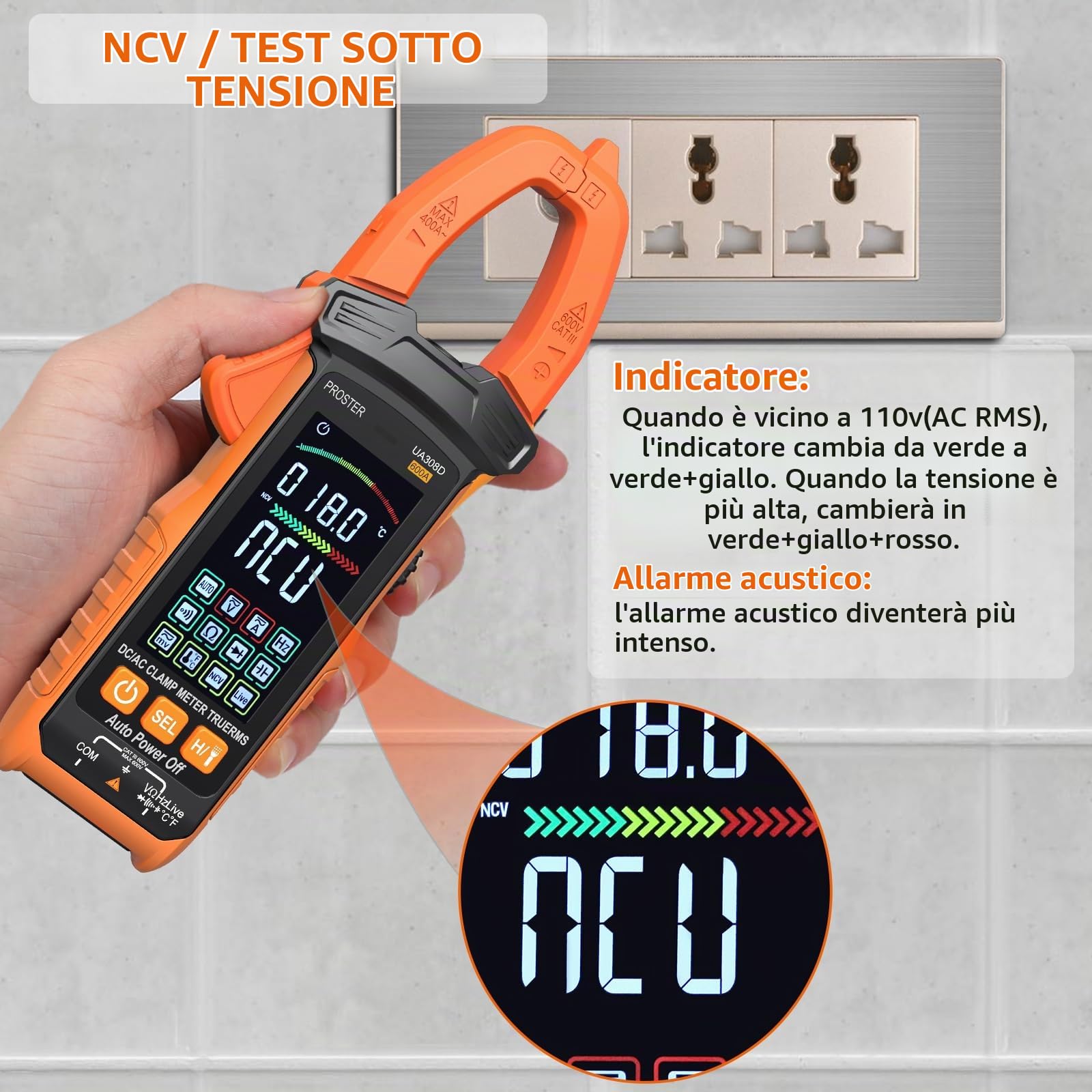 Proster Pinza Amperometrica Intelligente a Nero Auto-Ranging 600 AC/DC Tensione e Corrente 6000 Conti Test di Resistenza/Diodo/Capacitanza/Temperatura/1000kHz/LIVE/NCV con Display Analogico a Barre