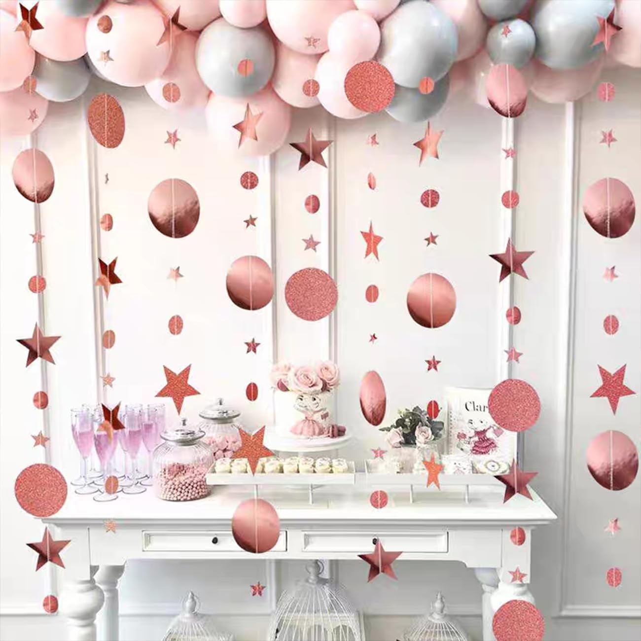 Rose Gold Hanging Paper Garland,Glitter Circle Star Paper Decoration for Party(52 Ft/4 Pack) - Image 3