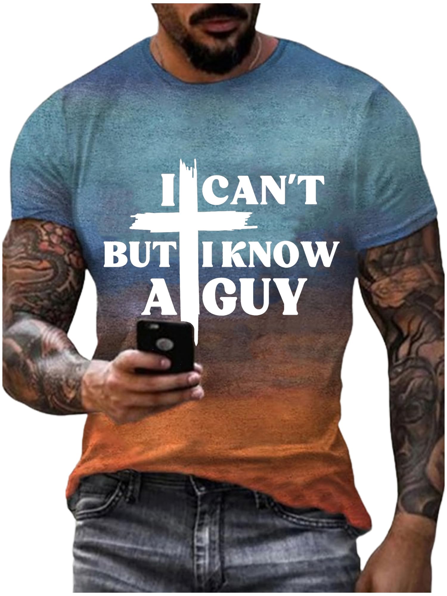 NakeahI Can't But I Know a Guy Jesus TShirt For Men Funny TShirts Treny Crew Neck Short Sleeve Tops Central M