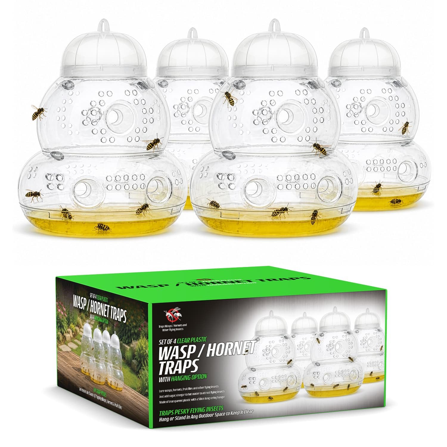 CKB LTD Pack of 4 Plastic Wasp Trap Large Catchers Honey Pot Bottle Hanging Design Insect Hornet Catcher Trap Indoor Outdoor Garden Pest Control CKB-WCP04