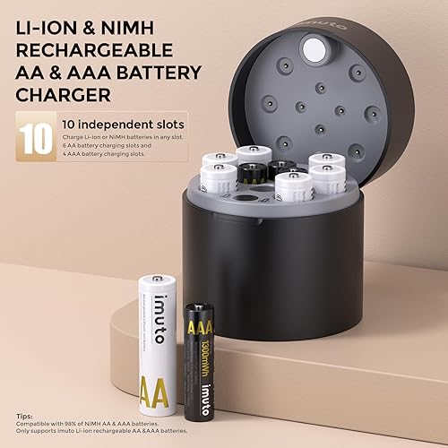 Miniatura 3 de imuto 6 pilas de litio recargables AA y 4 AAA con cargador, cargador de batería de iones de litio y NiMH, baterías triple A doble A, cargador de