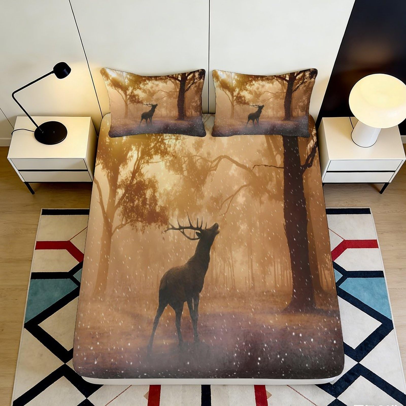 3D Printed Autumn Forest Fitted Sheet Microfiber Soft Breathable Deer Bed Cover for Bedroom Dormitory Guest Room Mattress Protection Decor 160x200x25cm