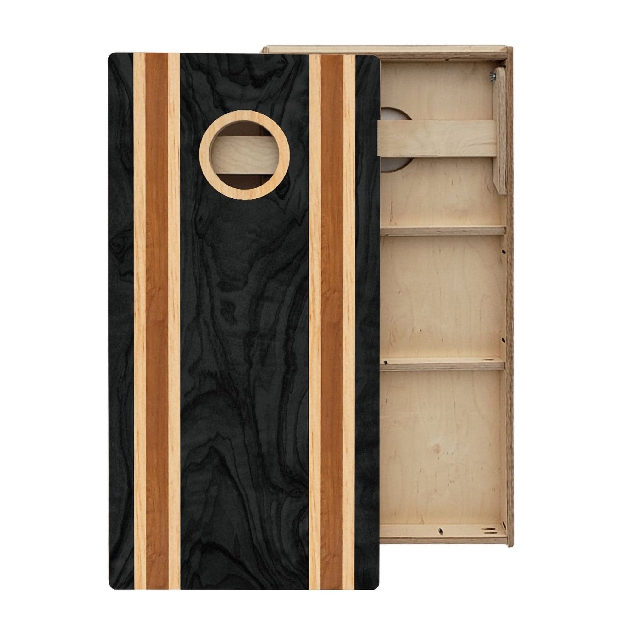 Dark Wood Stripe Cornhole Boards - Includes (2) Boards (Resin Bags) + (2) Board Edge Lights