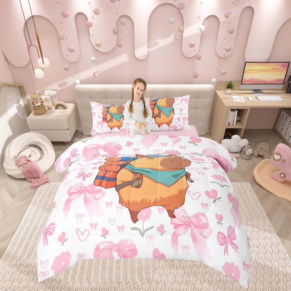 Loussiesd Book Bag Single Duvet Cover Capybara Bedding Set for Kids Pink Bow Flower Decor Kawaii Brown Animal Quilt Cover 2Pcs Room Decor — image 1