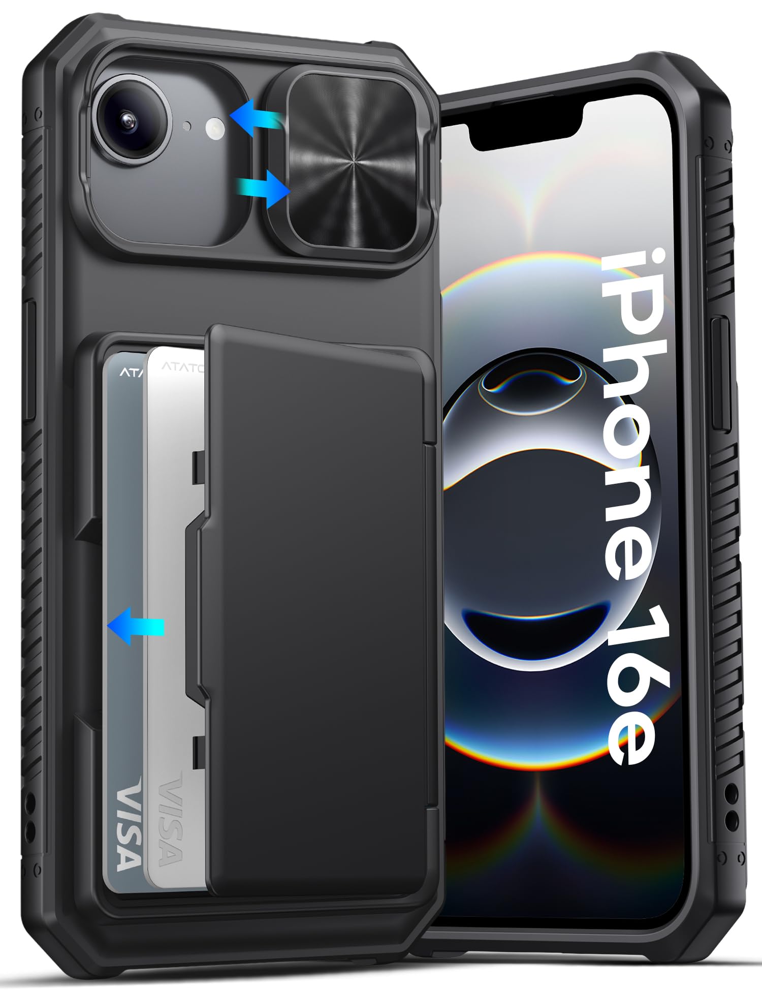 ATATOO for iPhone 16e Case Wallet, Built-in Card Holder (3-5 Cards) [RFID Blocking] & Slide Camera Cover, Military Grade Protection, Rugged Silicone