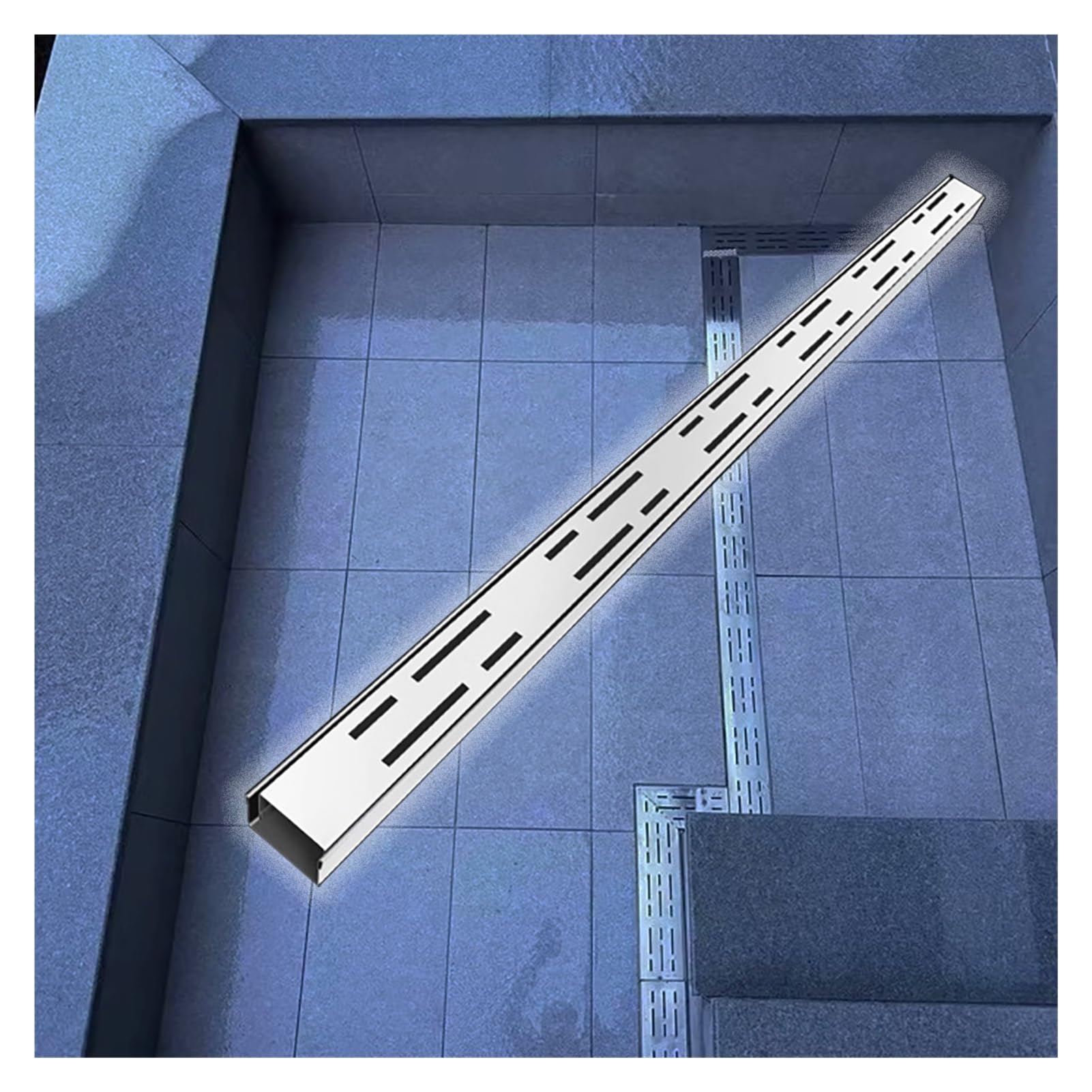 Scarico sottile a pavimento per vialetti e patii, griglia lineare in metallo con canali in acciaio inox, kit di scarico francese (1 confezione da 7 x 3 cm / 2.8x1.2in)