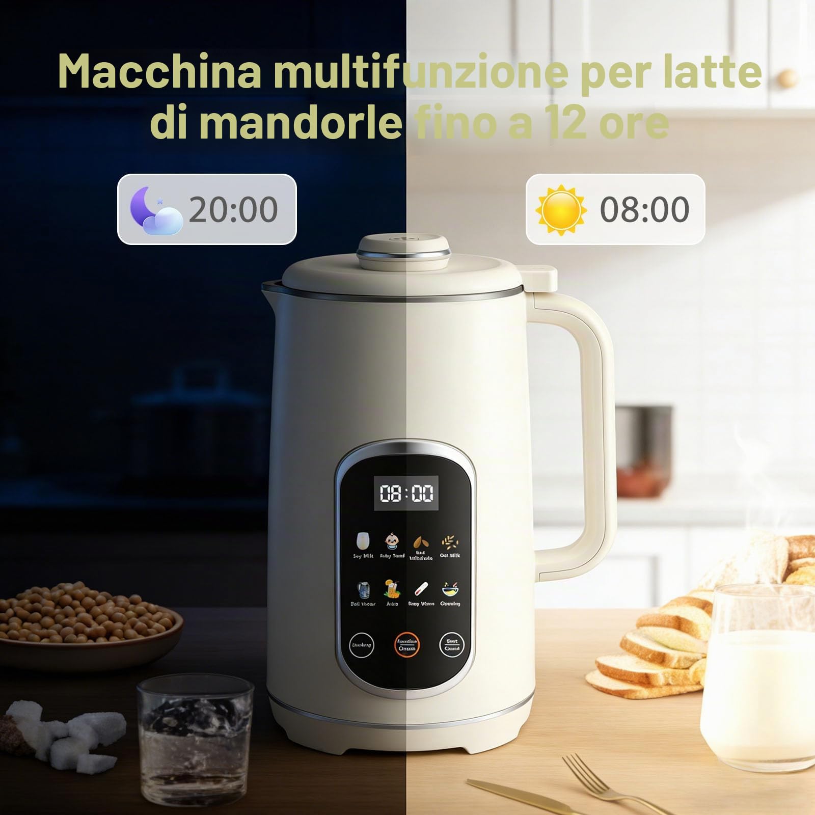 Macchina per Latte Vegetale, 1200 ml Macchina Latte Vegetale con Funzione Autopulente, LED Display, 8 Funzioni, 12 Lame, Macchina per Latte di Soia, Avena E Noci