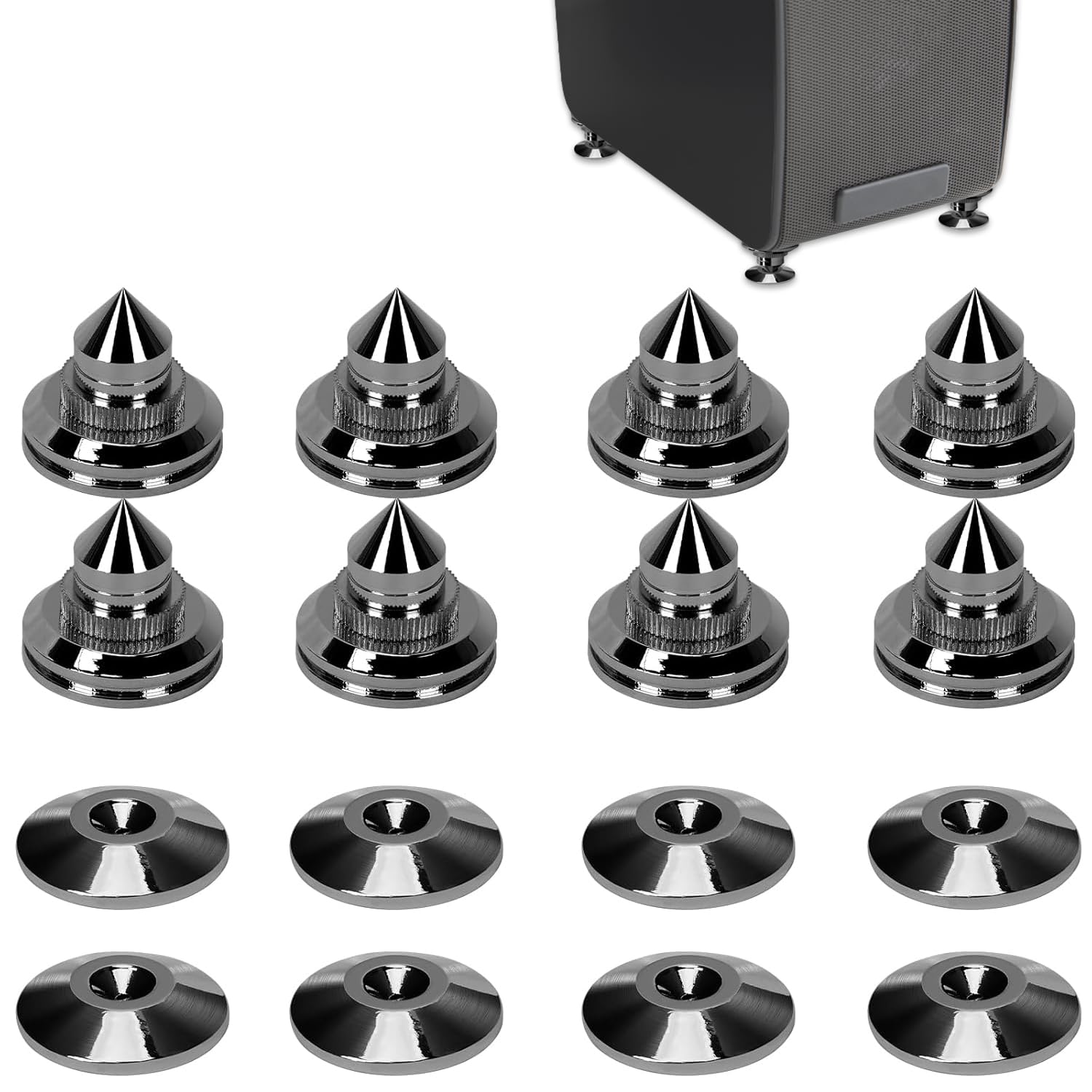 Lot de 8 pics de haut-parleur nickelés 24 K - Protection du sol - Pieds d'isolation résistants aux chocs pour appareils Hi-Fi (noir)