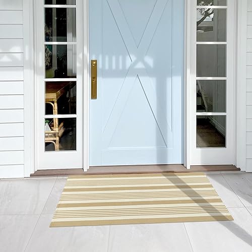 Miniatura 7 de Alfombra de exterior a rayas color tostado, 2 x 4.3 pies, de algodón, reversible, alfombra de área reversible para otoño, alfombra de porche