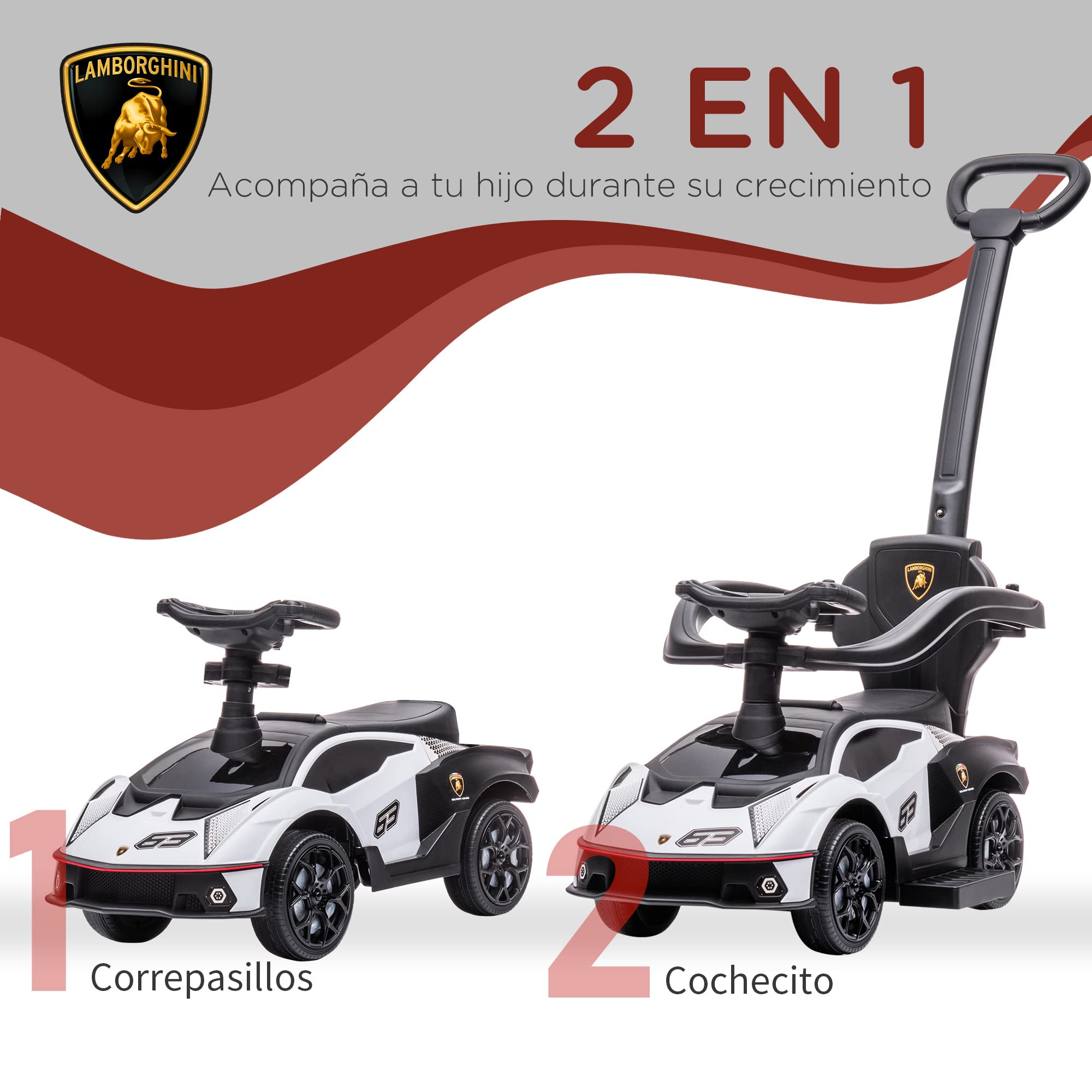 AIYAPLAY 2 en 1 Coche Correpasillos para Niños 12-36 Meses Lamborghini Essenza SCV12 Andador Empujador con Bocina Mango de Empuje y Barandilla Extraíbles 86,5x40x89,5 cm Blanco y Negro