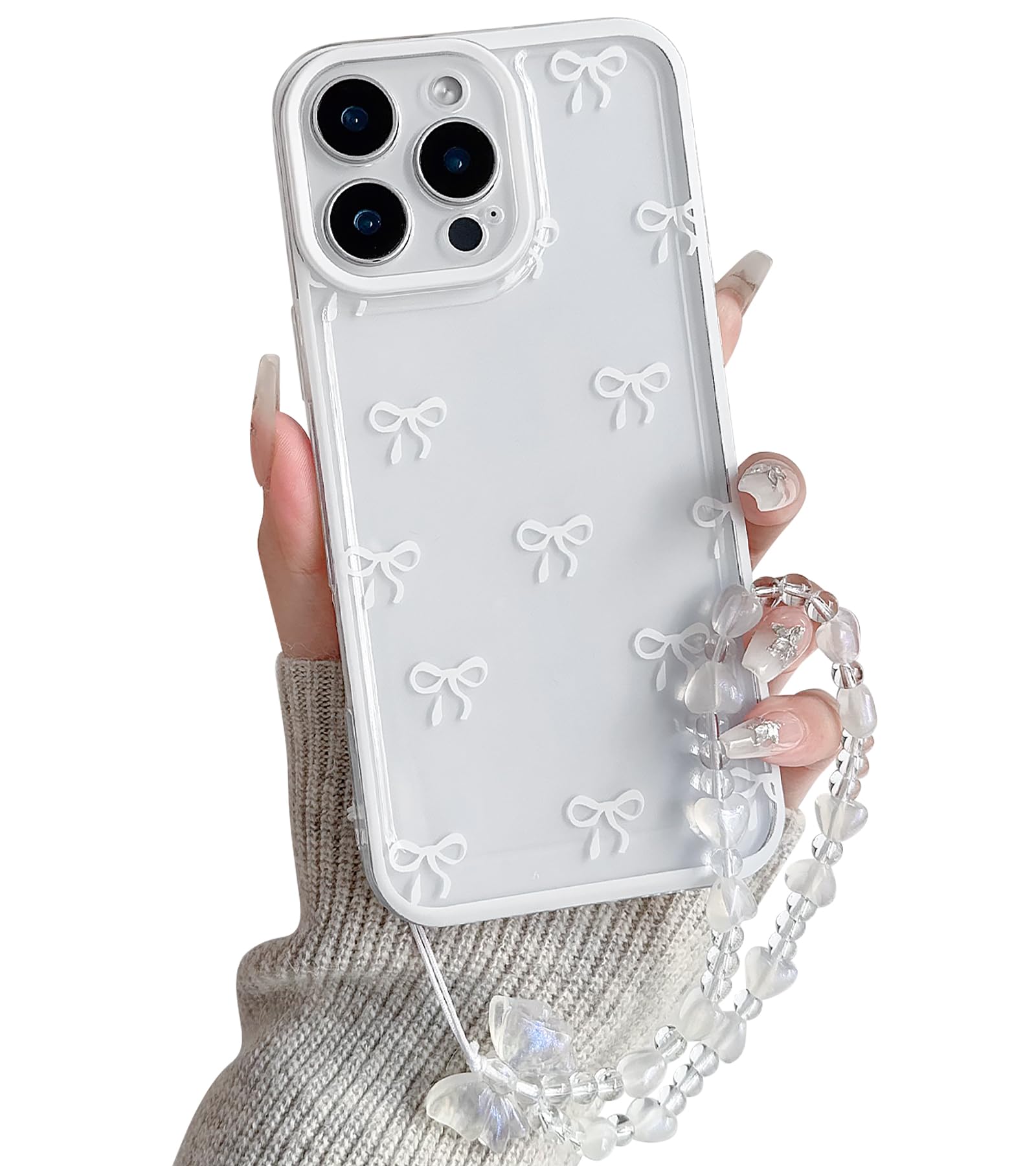 NITITOP Compatible with iPhone 16 Pro Case Cute Clear Durable Ribbon Bow Knot Pattern for Girls Women Bowknot with Chain Wrist Strap Soft TPU