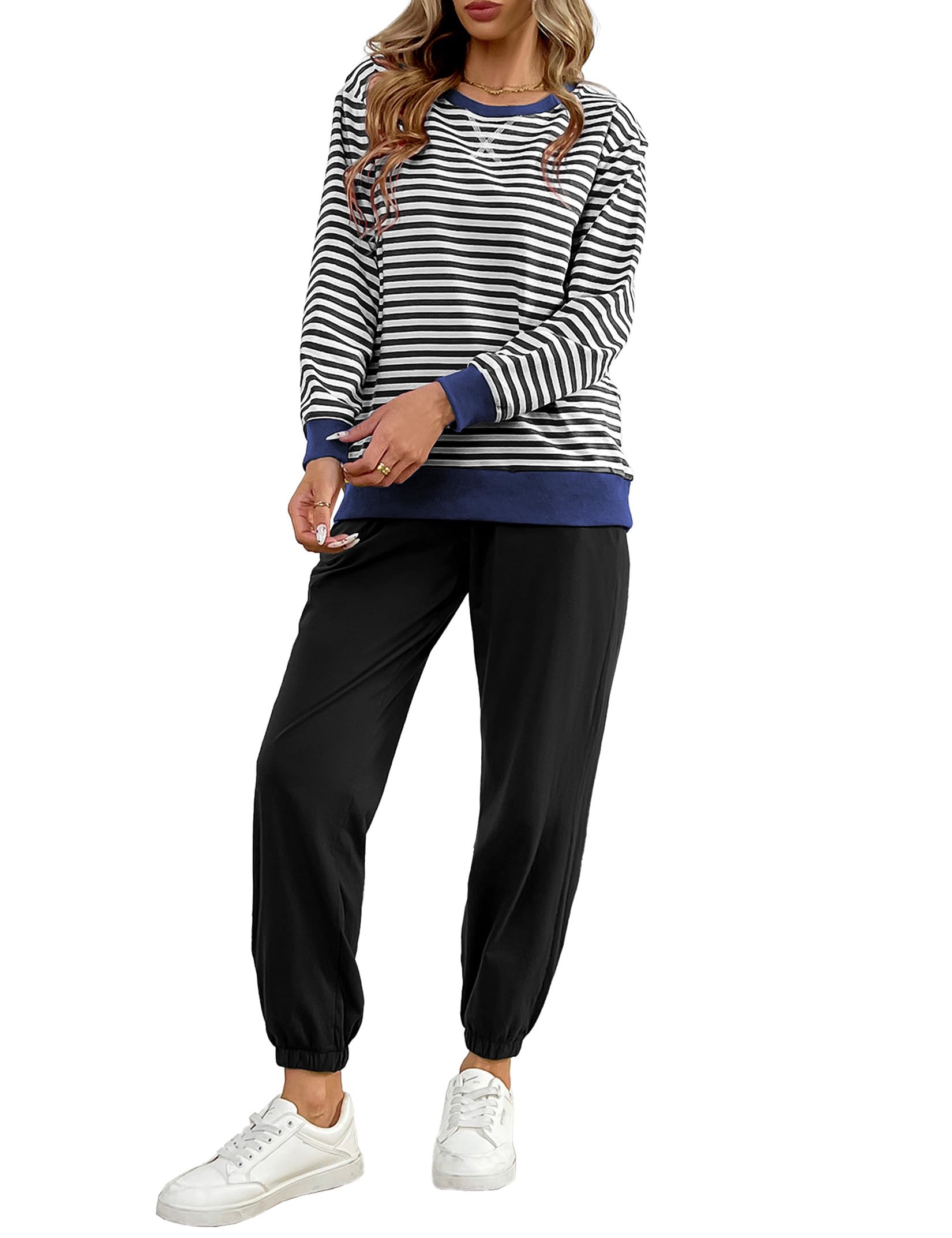 Conjunto acogedor de 2 piezas para mujer, conjunto de ropa de descanso a rayas, bloques de color, manga larga, pantalones deportivos, conjunto de chándal