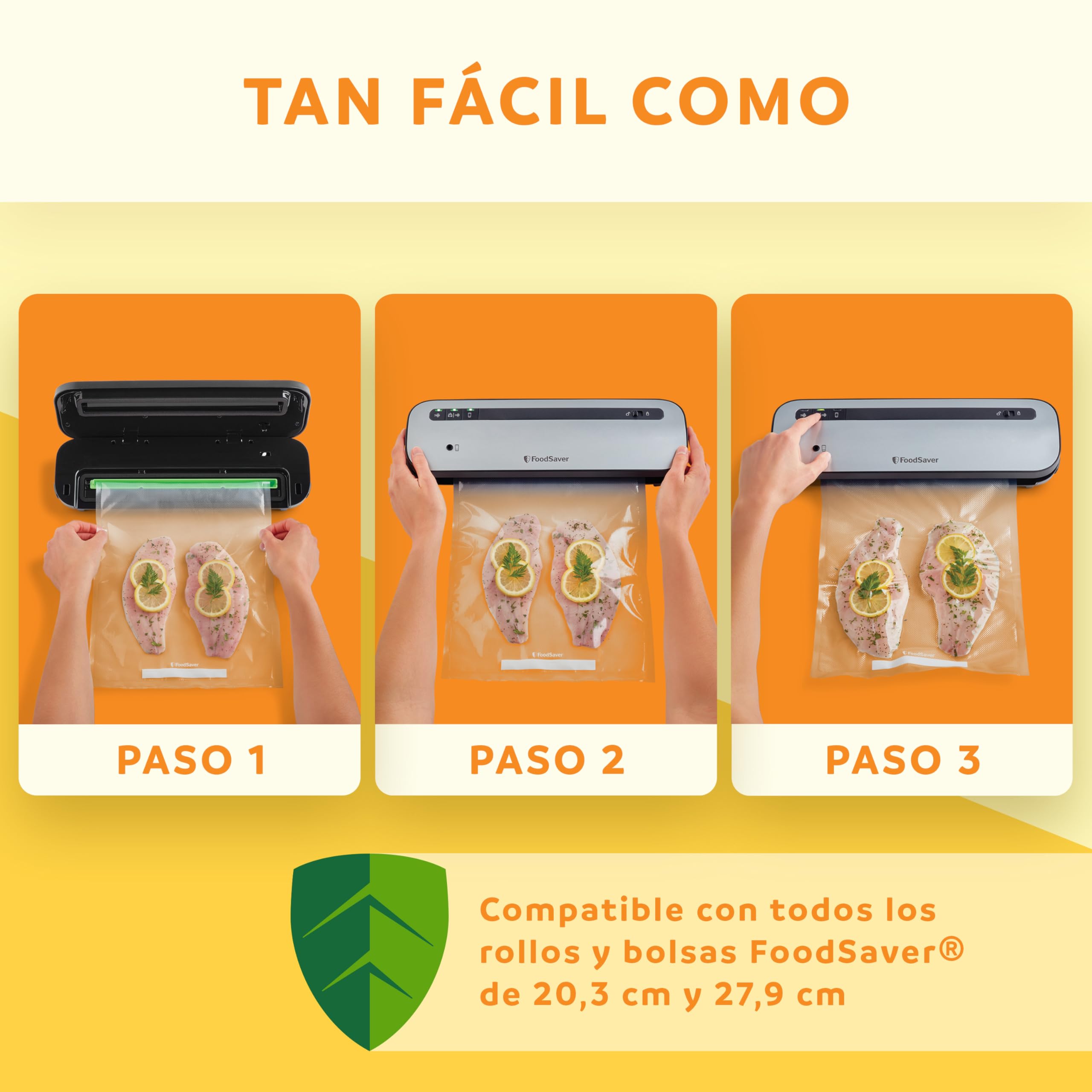 FoodSaver Envasadora al vacío | Mantiene el alimento fresco hasta 5 veces más*|Ahorra un 50% más espacio** | 1 rollo (28cm x 2,43m), 2 bolsas de sellado (0,94L), 2 bolsas con cierre (0,94L) | VS1290X