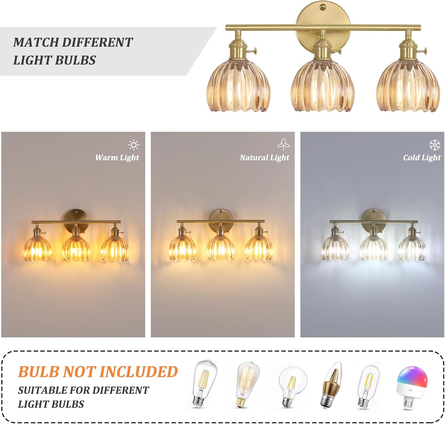Bathroom Light Fixtures, 3-Light Brass Vanity wall Light Over Mirror with Amber Tulip Glass Shade for Bedroom Living Room (Bulb Not Included)