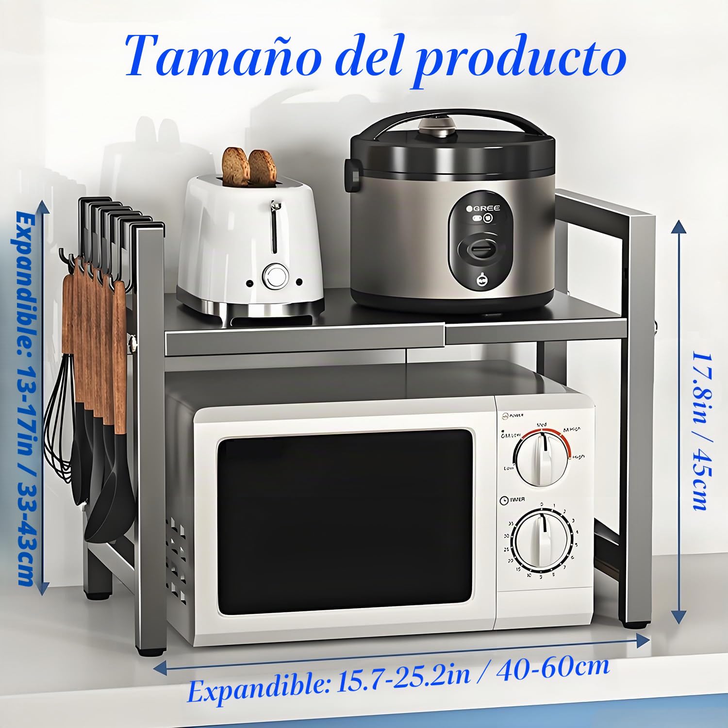 Estantería ajustable para microondas, 2 niveles, extensible de 40 a 60 cm, con 6 ganchos, para encimera, panadería, organizador de cocina (gris)