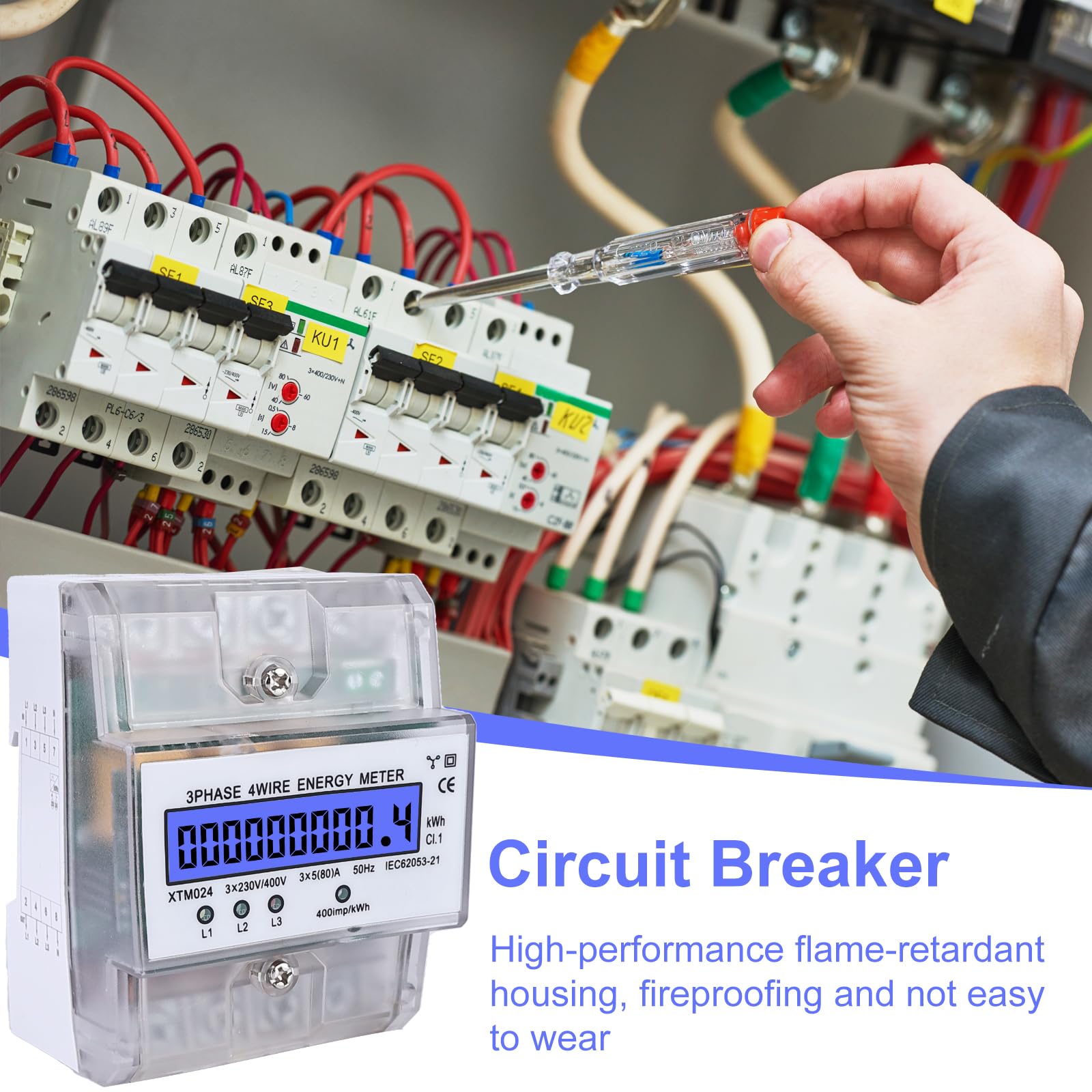 Cyfrowy licznik prądu – licznik prądu 3-fazowy, 4-przewodowy licznik elektryczności, 3 x 230/400 V 5 (80) A, miernik energii, skalibrowany licznik prądu do szyny montażowej DIN, licznik pośredni prądu