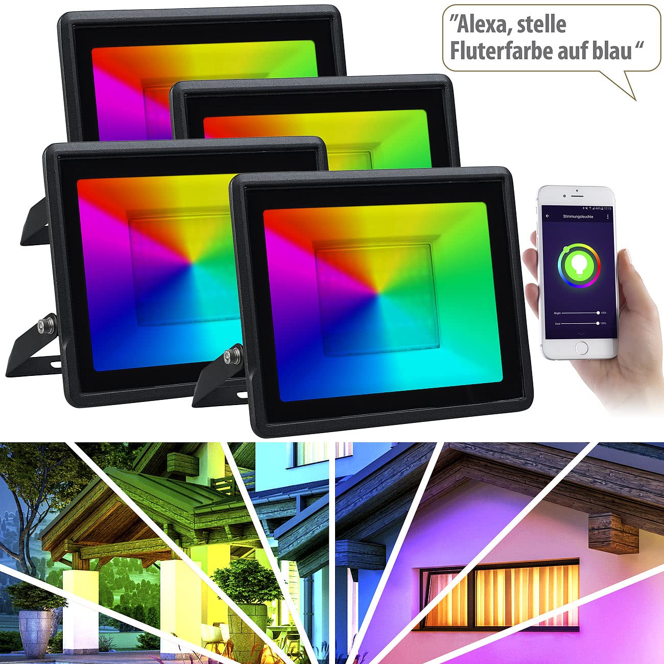 Luminea Home Control LED-Strahler mit App: 4er-Set WLAN-Fluter, RGB-CCT-LEDs, App, 3.750 lm, 50 W, IP65 (RGB-Strahler außen, Flutlicht mit WiFi, PC)