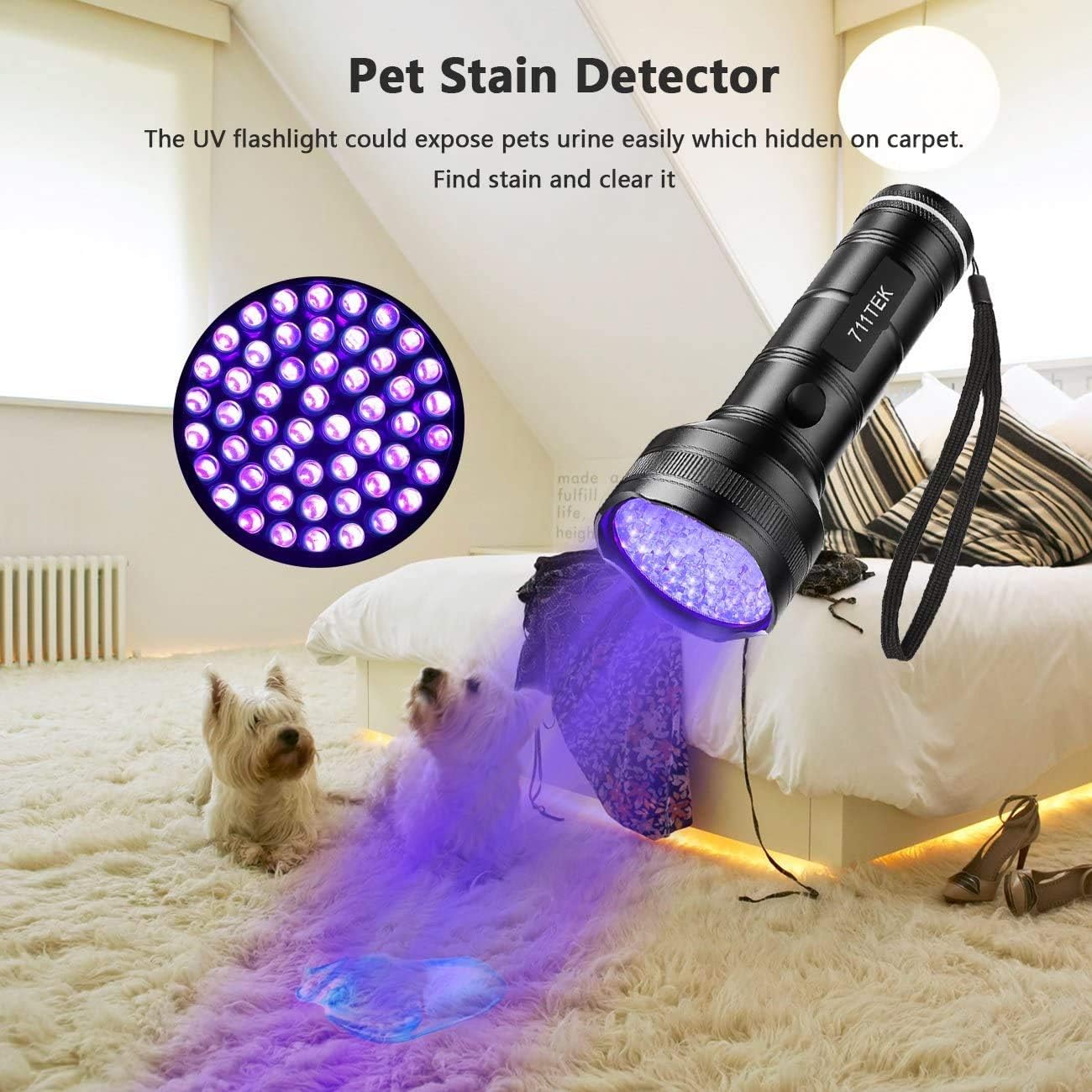 711TEK UV Flashlight Black Light, UV Lights 51 LED Matching with Pet Odor Eliminator, Ultraviolet Blacklight Pet Urine Detector for Dog Cat Urine, Dry Stains, Bed Bug (UV Flashlight)