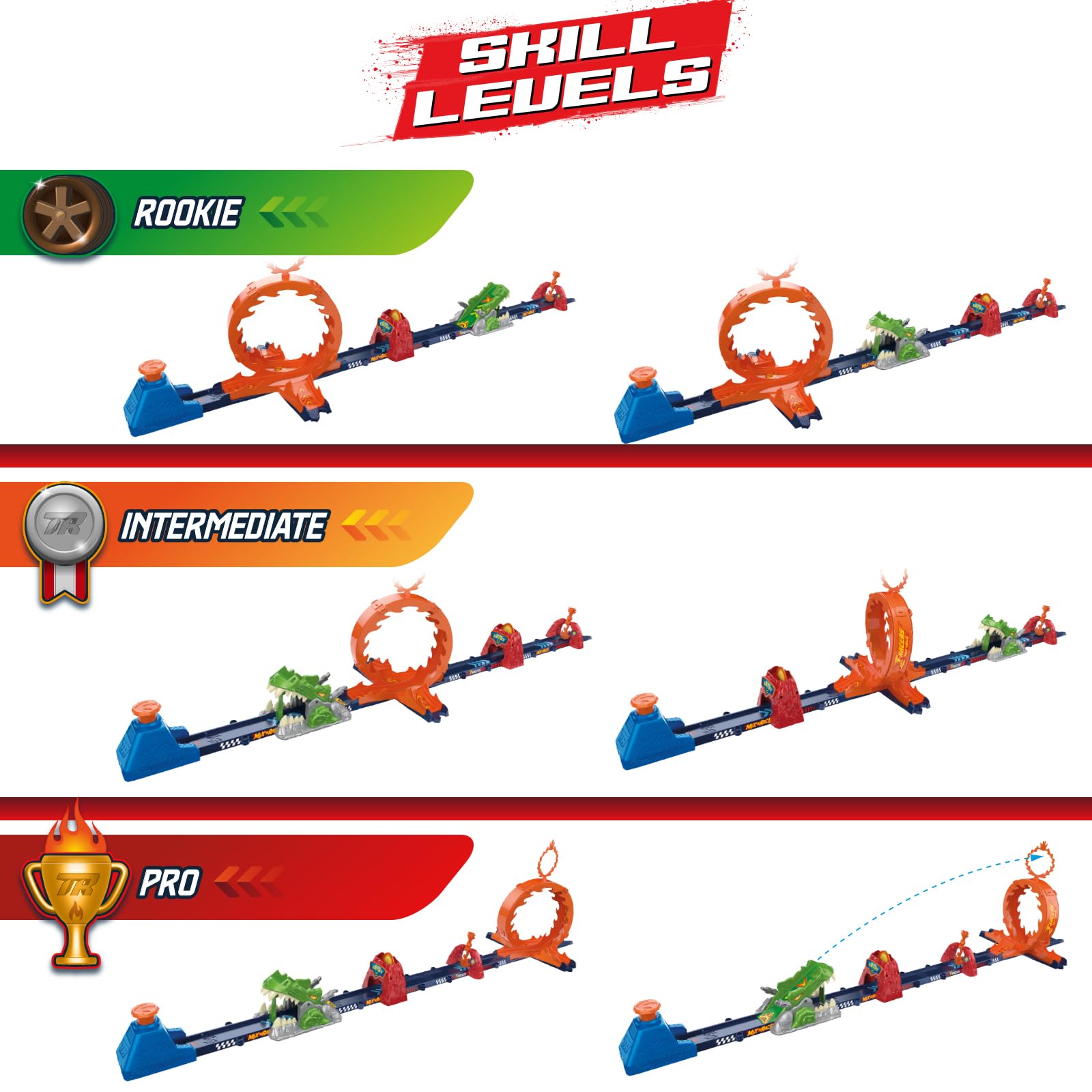 T-Racers Mix 'N Race Volcanosaurus Piste für Spielzeugautos, enthält 1 Auslöser, 3 Pisten, 1 Exklusives Nitro Rex Auto und 4 Stunts