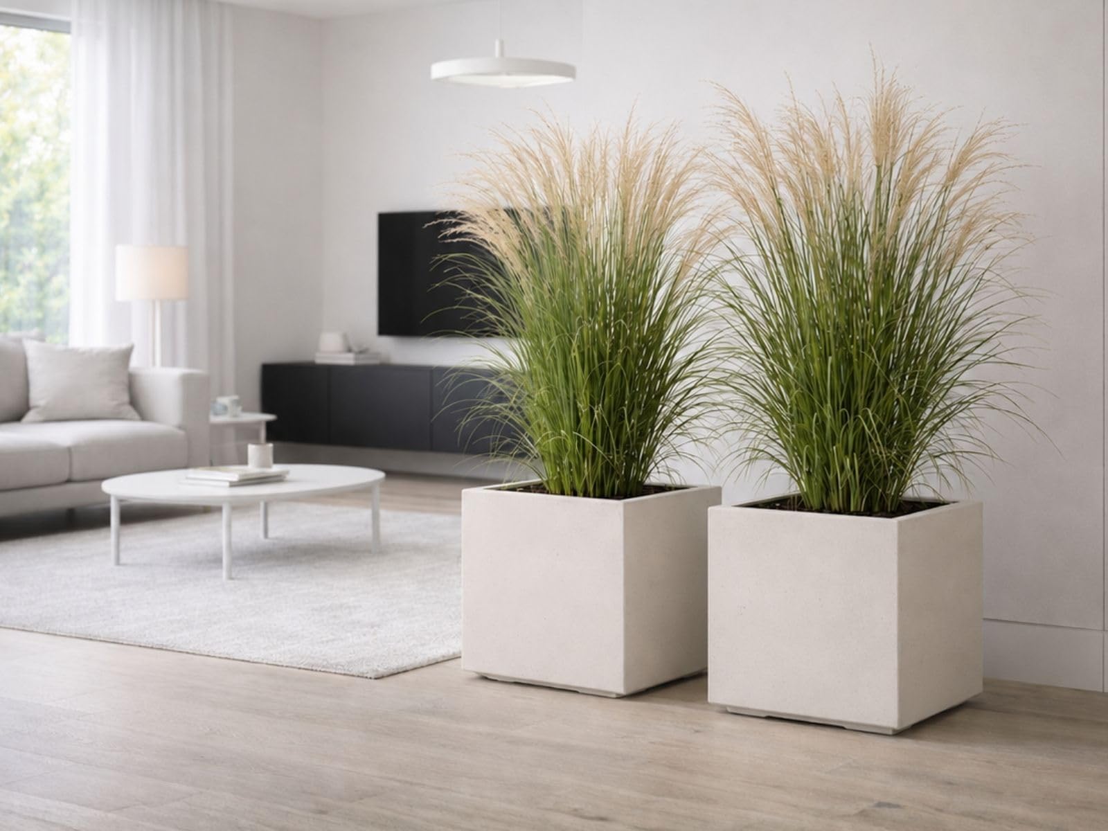 Macetero blanco 40 x 40 x 40 cm, con ruedas, estructura de hormigón, moderna, para jardín, balcón, terraza