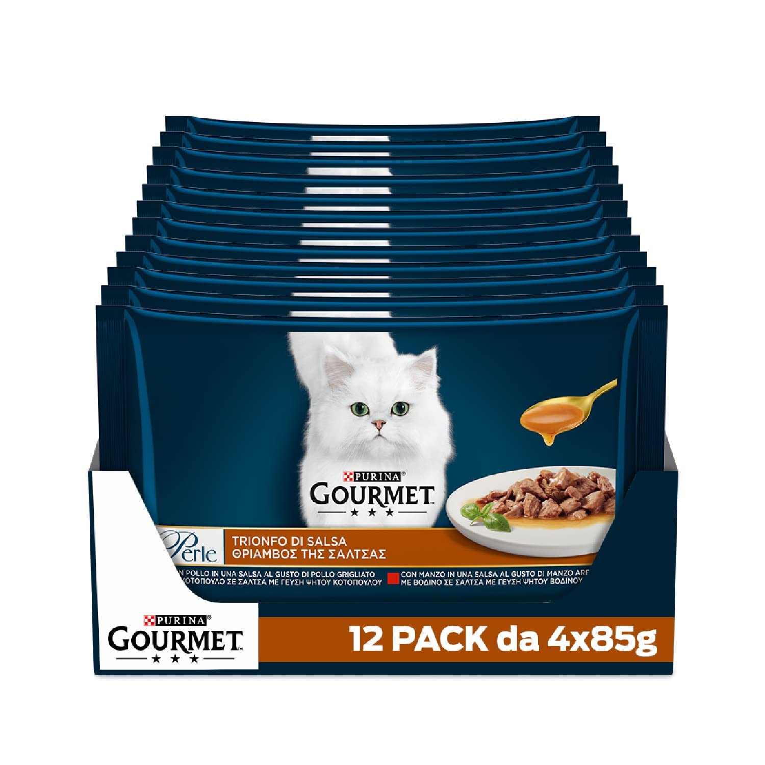 GOURMET Perle Cibo Umido per Gatti Adulti Filettini in Salsa con Manzo e Pollo 48 Buste da 85g