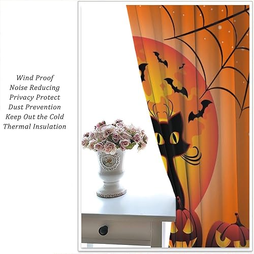 Miniatura 5 de Cortinas de Halloween con diseño de gato negro, murciélagos góticos, araña, terror, fantasma, naranja, luna llena, noche de feliz Halloween,