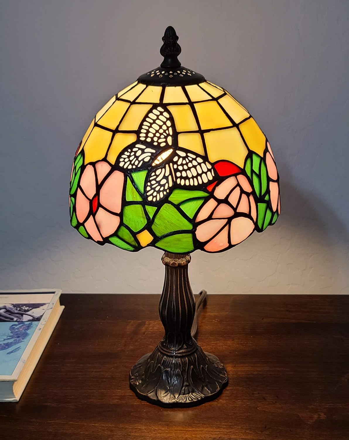 Amora Lighting AM042TL08B Tiffany Style Yellow Green Red Floral Butterfly Flower Vintage Bedside Table Desk Banker Accent Mini Lamp 15" Tall 8" Wide Décor Gift