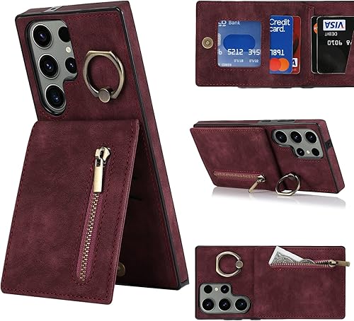 Miimall Funda para Samsung Galaxy S23 Ultra con tarjetero, piel sintética Galaxy S23 Ultra con soporte de anillo, funda magnética Flip S23 Ultra,
