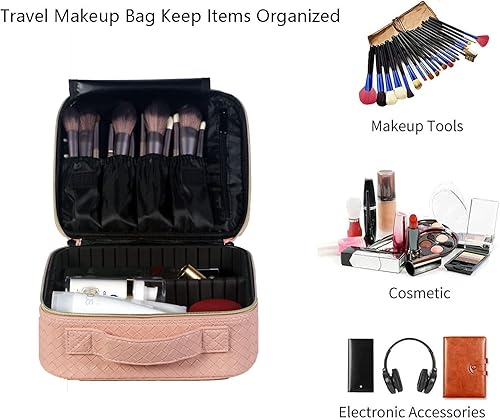 Miniatura 5 de Bolsa de maquillaje Bolsa de cosméticos Bolsa de maquillaje de viaje con divisores ajustables, portátil, de piel sintética, impermeable, bolsa de