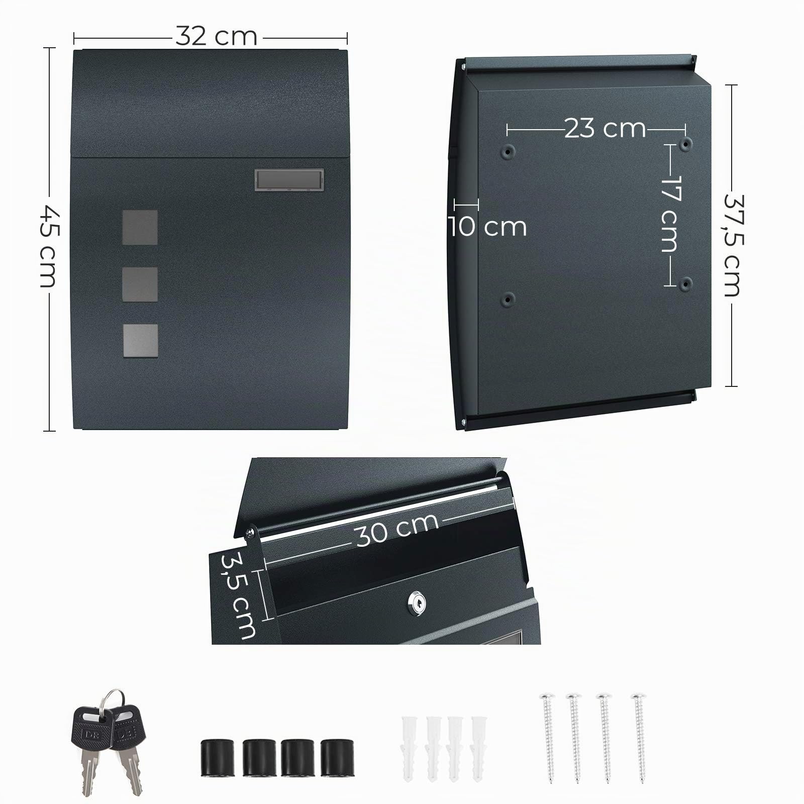 SONGMICS Cassetta postale da parete, con finestre di visualizzazione, slot per nome, 2 chiavi, facile da installare, grigio antracite GMB030G02