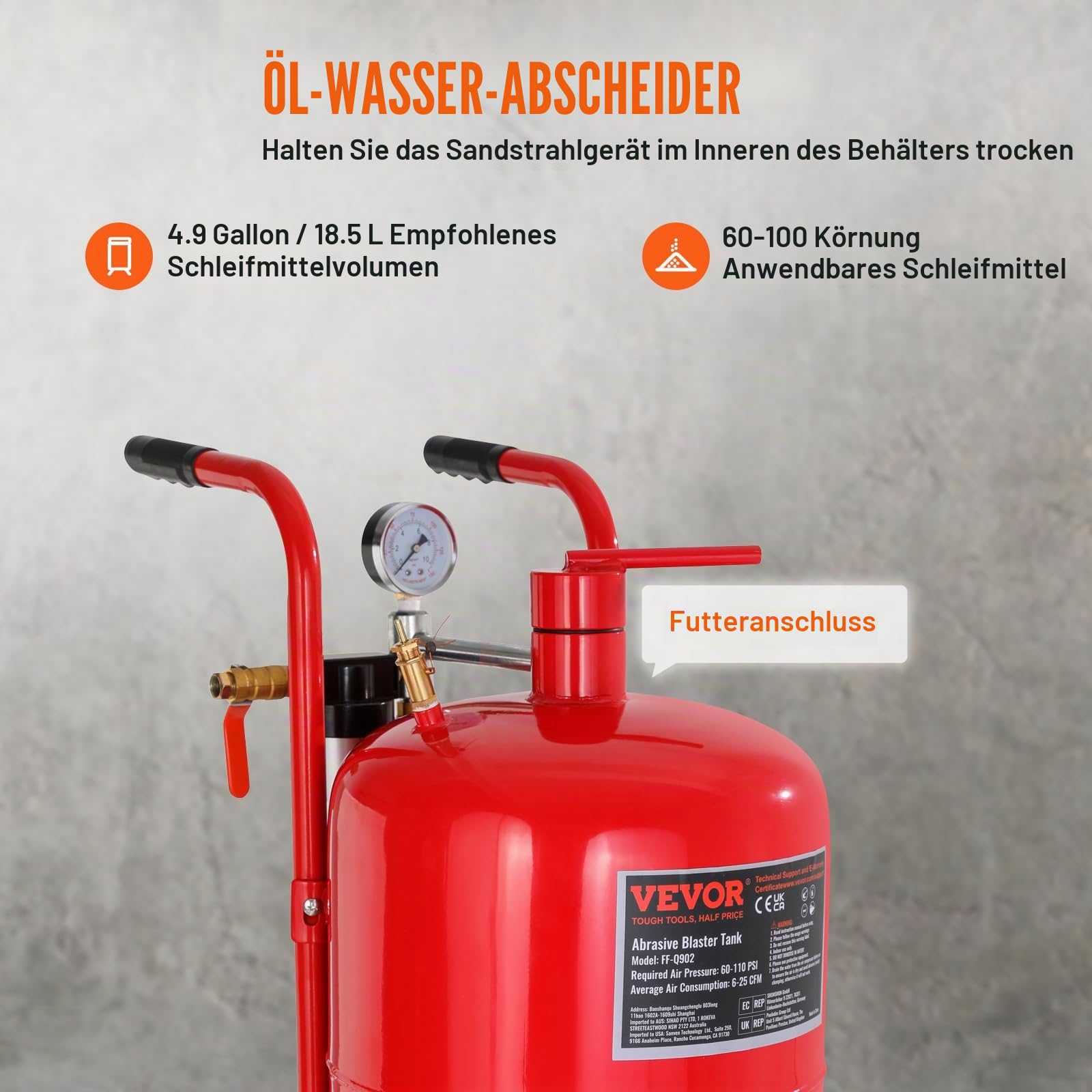 VEVOR Sandstrahlen, 40 L Sandstrahlmaschine, 60-125 PSI Mobiler Sandstrahler mit Zubehör, 2,4 mm, 2,7 mm, 3,2 mm, 3,6 mm Keramikdüsen Sandstrahlerrohr, 2,5 m Schlauchlänge Siphon-Schleifeinheiten
